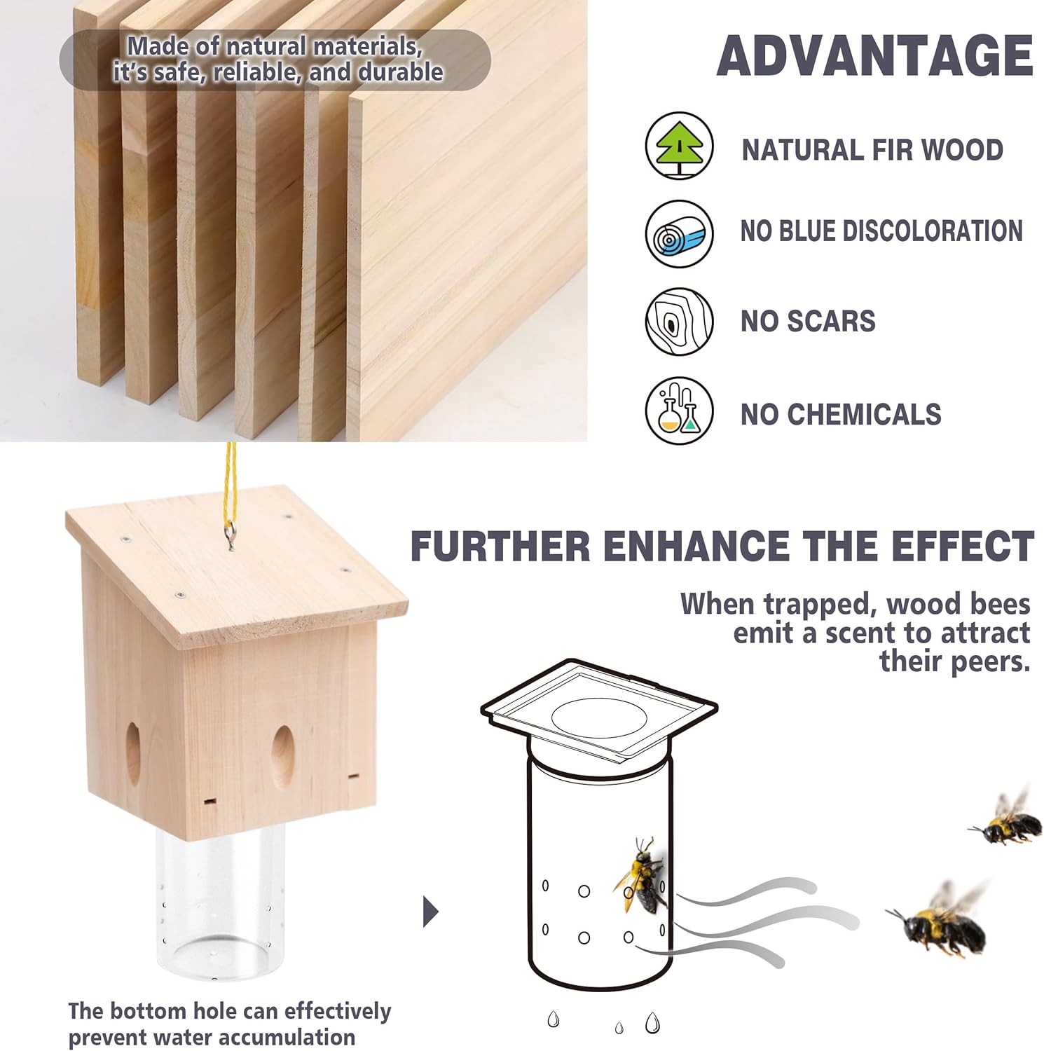 Carpenter Bee Trap for Outside - Pentroof Style Nature Hanging Wood Carpenter Bee Traps Outdoor - Best Bee Trap - Insect Traps with Removable Vault (1 Pack)