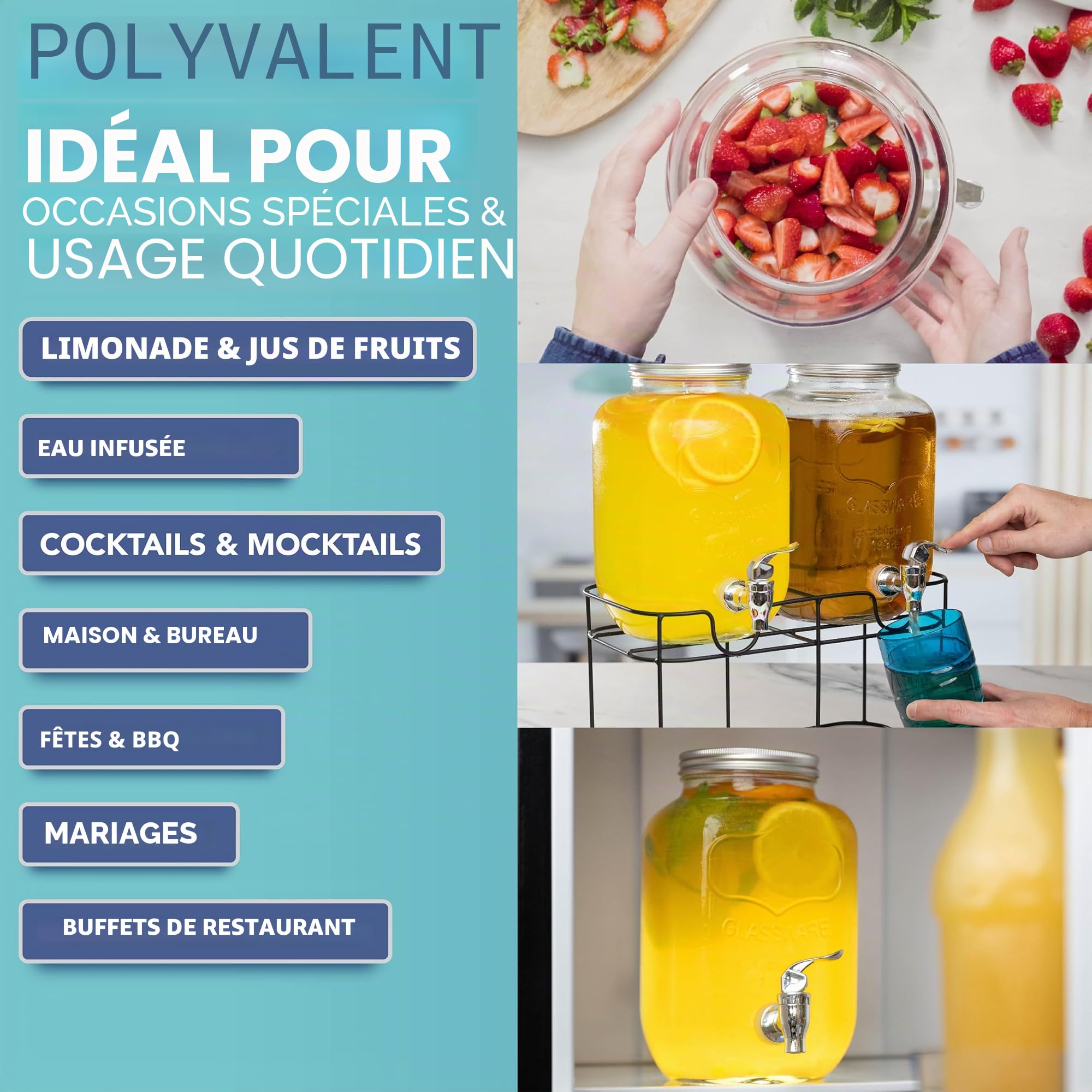 HEFTMAN Distributeur de boissons en verre avec robinet - 2 x 4 litres | Distributeur de boissons Mason Jar avec robinet étanche et support en fil métallique