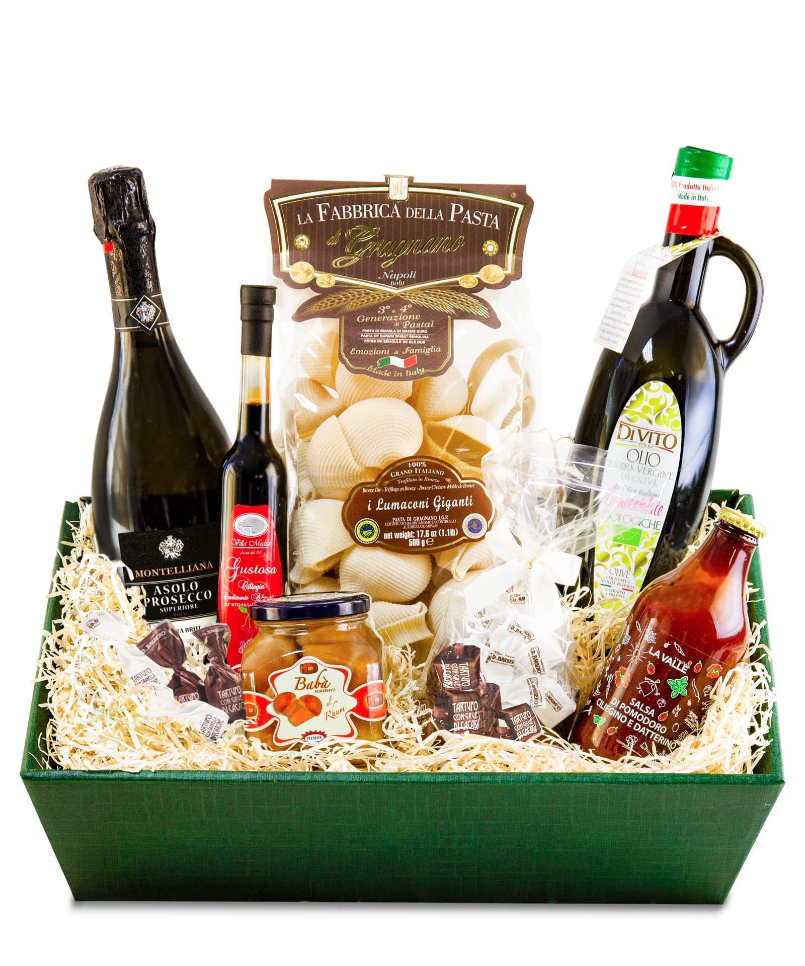 Feinkost Geschenkkorb IL MEGLIO D'ITALIA mit ausgesuchten italienischen Spezialitäten Prosecco/Olivenöl/Pasta/Dessert