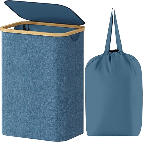 Miniatura 156 de Lifewit Cesta grande de 100 litros con tapa para ropa con asas de bambú y bolsa extraíble, plegable para dormitorio, baño, residencia universitaria