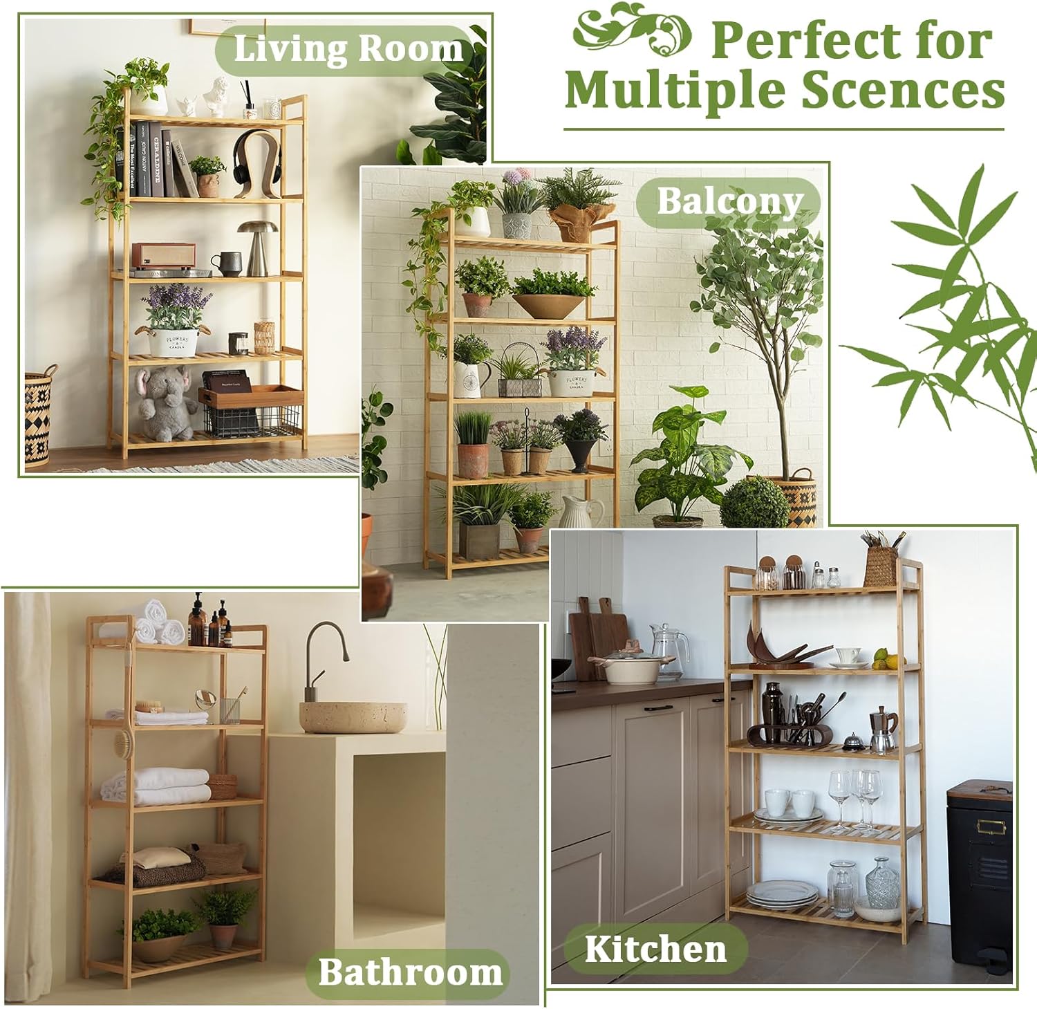 Bamboo Bathroom Shelf Organizer, 5 Tier Wooden Bathroom Rack with Adjustable Shelves, Free Standing Shelving Unit Open Bookcase Plant Shelf Indoor, 50" Storage Shelves for Kitchen Living Room