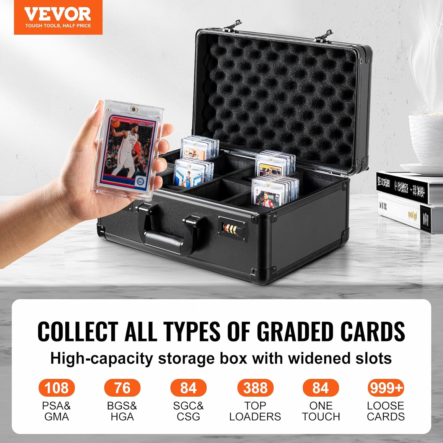 VEVOR Card Storage Box - 4 Slot Case with Coded Lock, Foam Dividers, Holds 76 BGS or 84 SGC Cards
