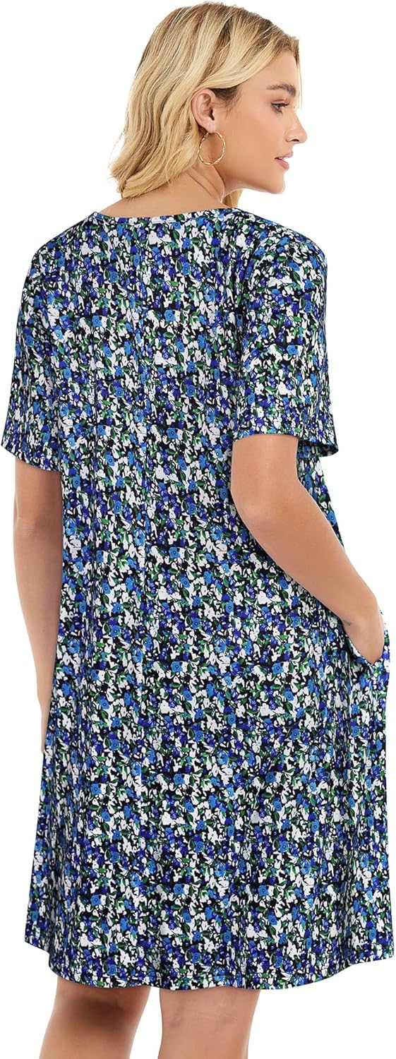 elescat Sundress for Women Casual Loose Summer Short Sleeve Pleated Front Crew Neck T Shirt Dress with Pockets - Image 6