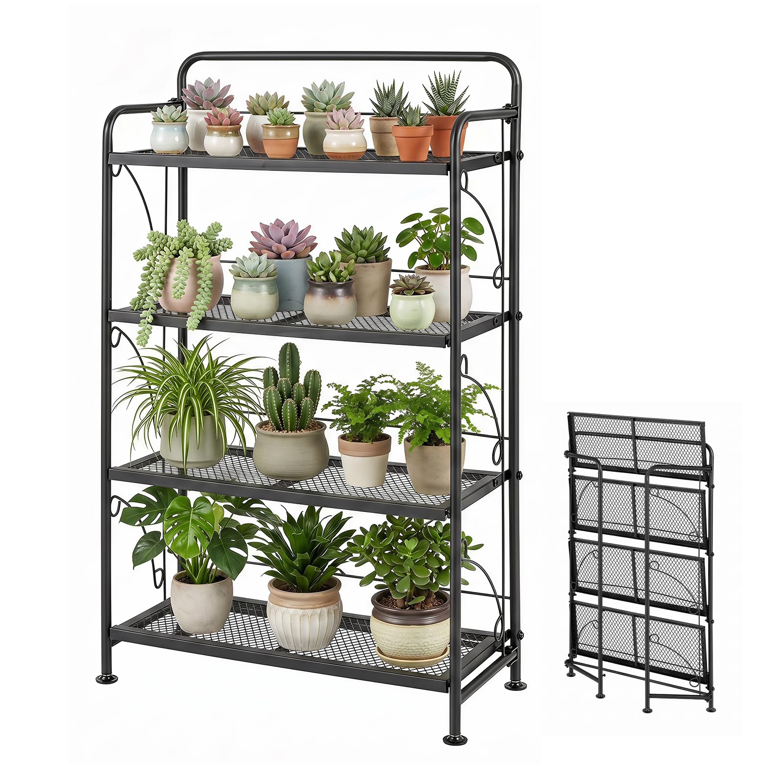 COSTWAY Scaffale Portafiori in Metallo, Scaffale per Piante Verticale con 4 Ripiani Pieghevoli, Espositore Multiuso da Interno ed Esterno, per Giardino, Terrazza e Balcone, 60 x 25 x 100 cm