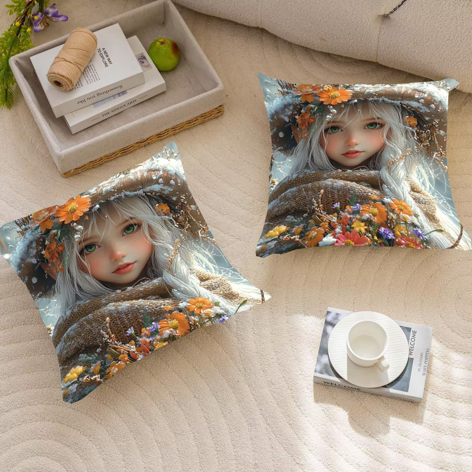 Kwiaty Zestaw 2 poszewek na poduszki Sofa Dekoracyjne poszewki na poduszki Miękkie lniane poszewki na poduszki Poszewka na poduszkę Luksusowa Sofa Sypialnia Styl 60 x 60 cm Poszewki na poduszki na