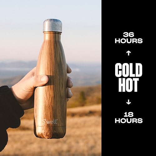 Miniatura 3 de S'well Botella de agua de acero inoxidable, 17 onzas, madera de teca, recipientes aislados al vacío de triple capa que mantiene las bebidas frías
