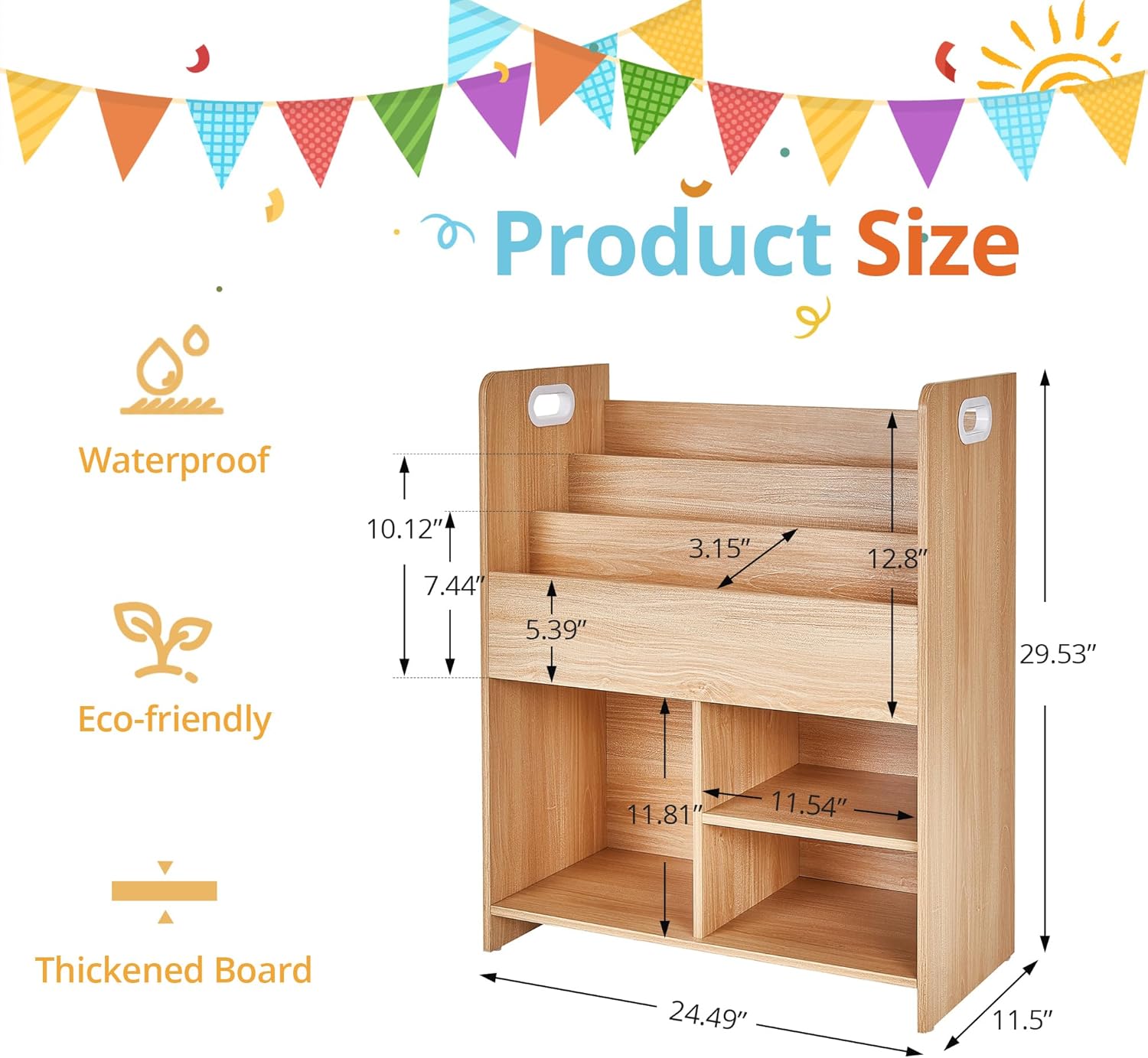 VECELO Wooden Children’s Bookshelf - Kids Book Organizer with 3-Tier Display and 2-Tier Storage Compartments, Easy-to-Access Toddler Bookcase for Playroom, Bedroom, or Nursery - Teak - Image 2