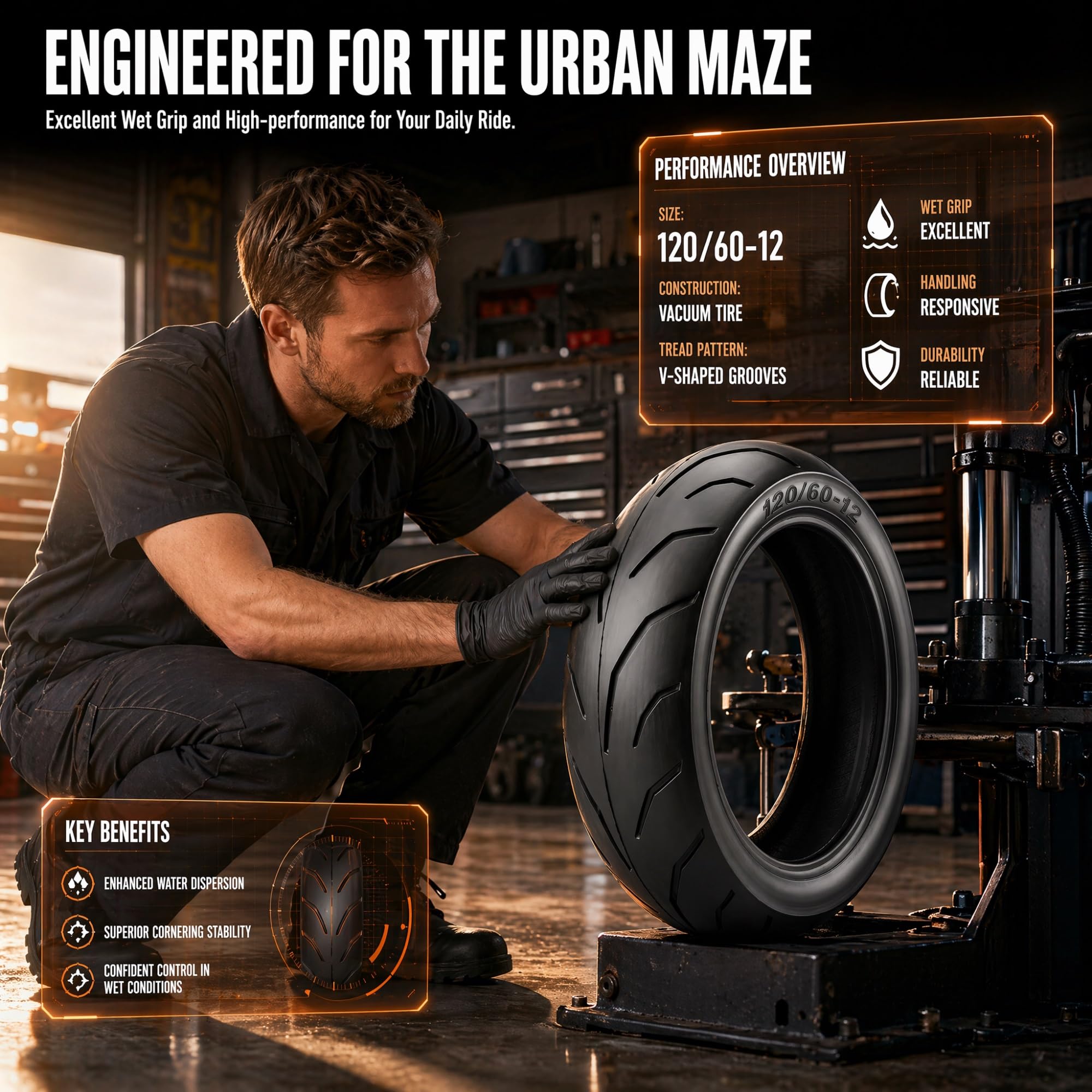 120/60-12 Pneumatico per Scooter Tubeless, Gomma da Moto 120/60/12, Ruota di Ricambio 4PR 47J 300kPa per Cerchio da 12 Pollici, Battistrada Stradale Urbano