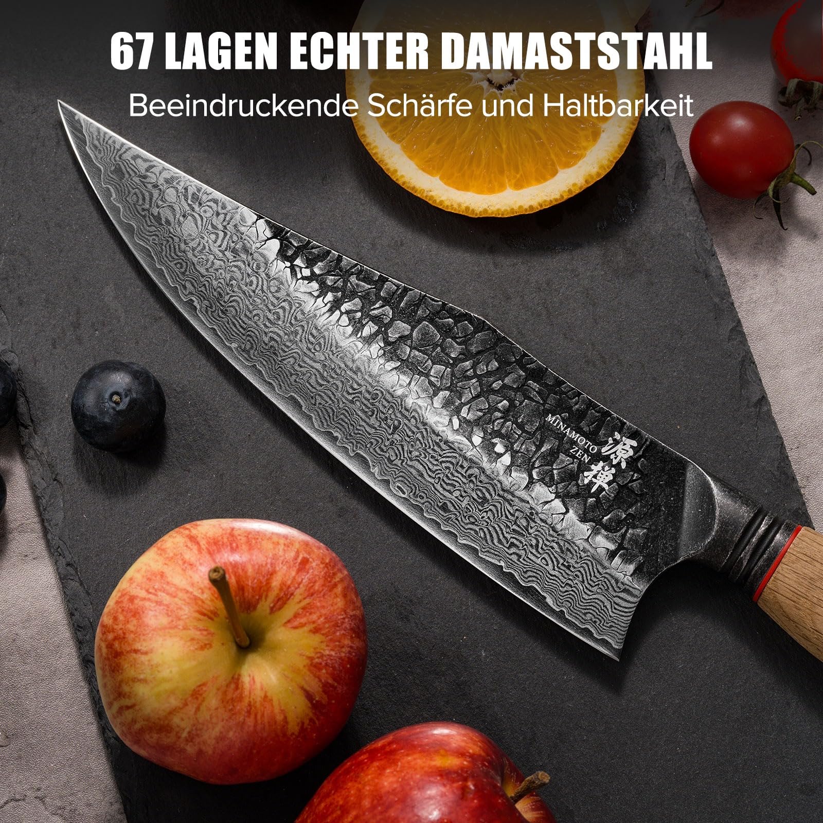 OKAMI Damast Chefmesser – 21,9 cm Klingenlänge – 67-lagiger Damaststahl mit VG10 Kern – Japanische Messerkunst – Hammerschlag-Finish – Eichenholzgriff