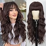 Lativ Brown Wig With Bangs Long Wavy Reddish Brown Wigs Synthetic Heat Resistant Curly Wigs for Women Daily Party Use 26 Inches