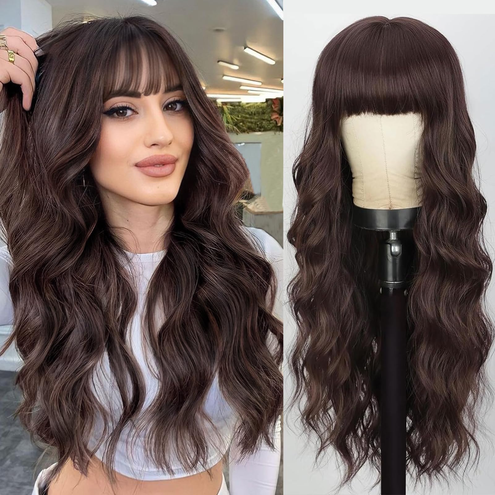 Lativ Brown Wig With Bangs Long Wavy Reddish Brown Wigs Synthetic Heat Resistant Curly Wigs for Women Daily Party Use 26 Inches