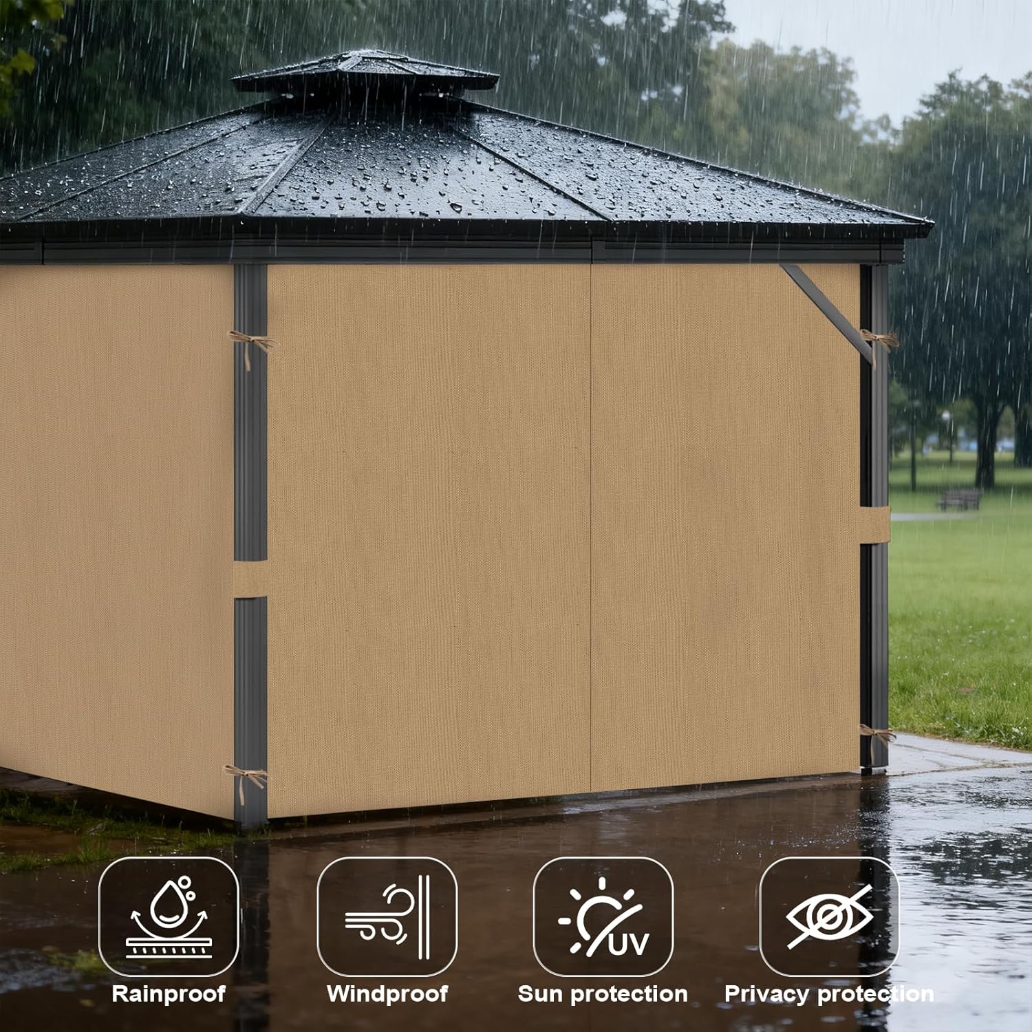 Universal Replacement Privacy Curtains for Gazebos, 10x12 ft Outdoor Waterproof, 4-Piece Four-Sided Side Walls with Zippers (Curtains Only, Khaki)