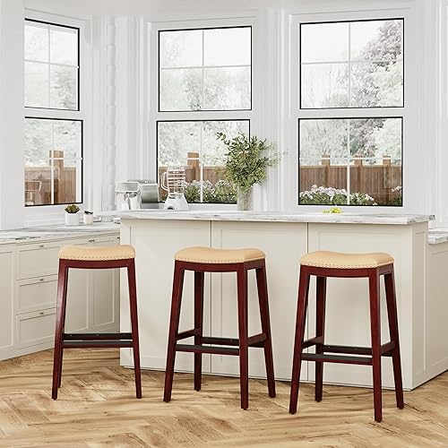 Miniatura 54 de DTY Indoor Living Durango - Taburete de cuero regenerado, taburete de mostrador de 24 pulgadas, acabado espresso, asiento de cuero negro Acabado