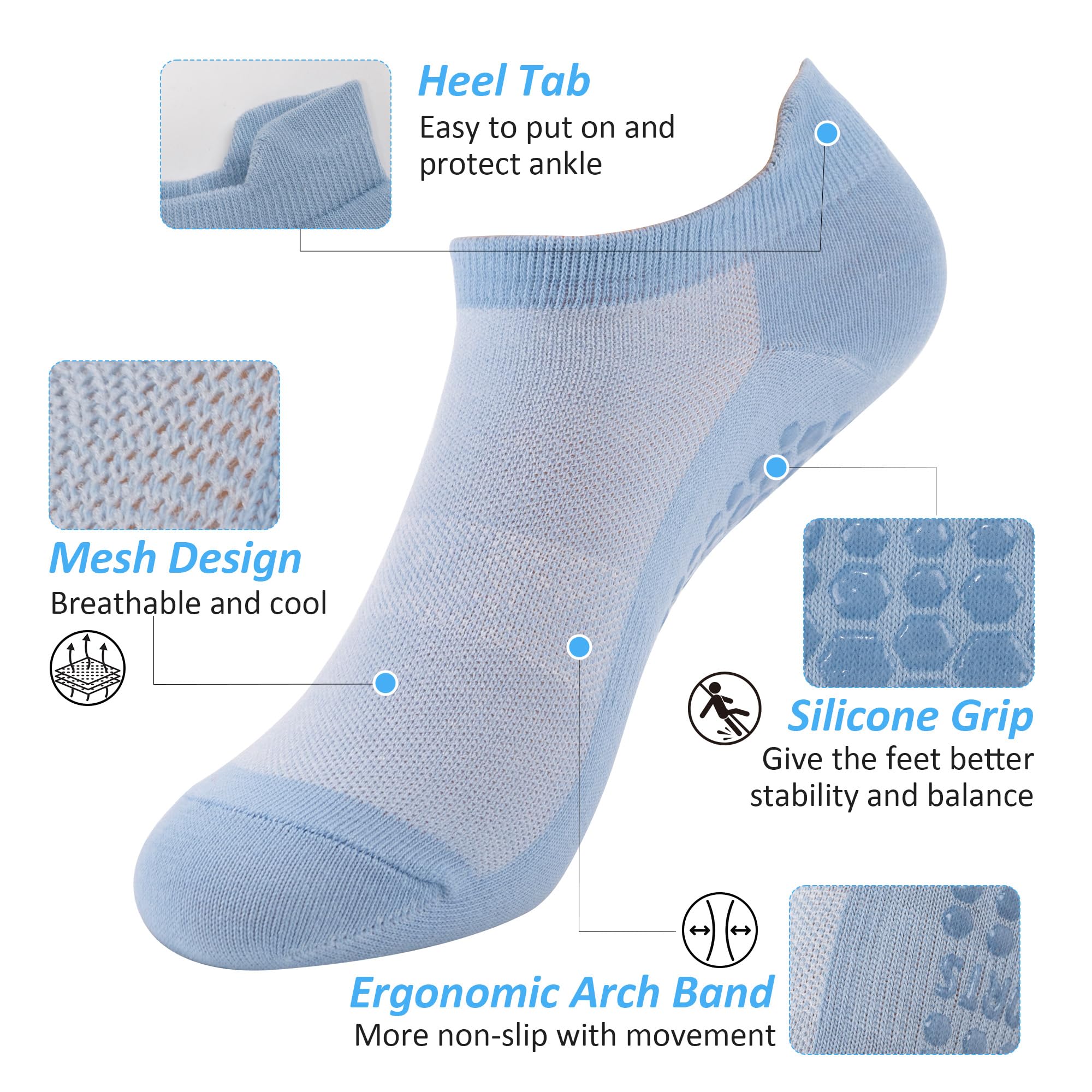 ZenBeya 7 Pairs Pilates Socks with Grips for Women, Ankle Yoga Socks Non Slip, Colorful Grippy Socks for Barre Ballet Gym Hospital, 2
