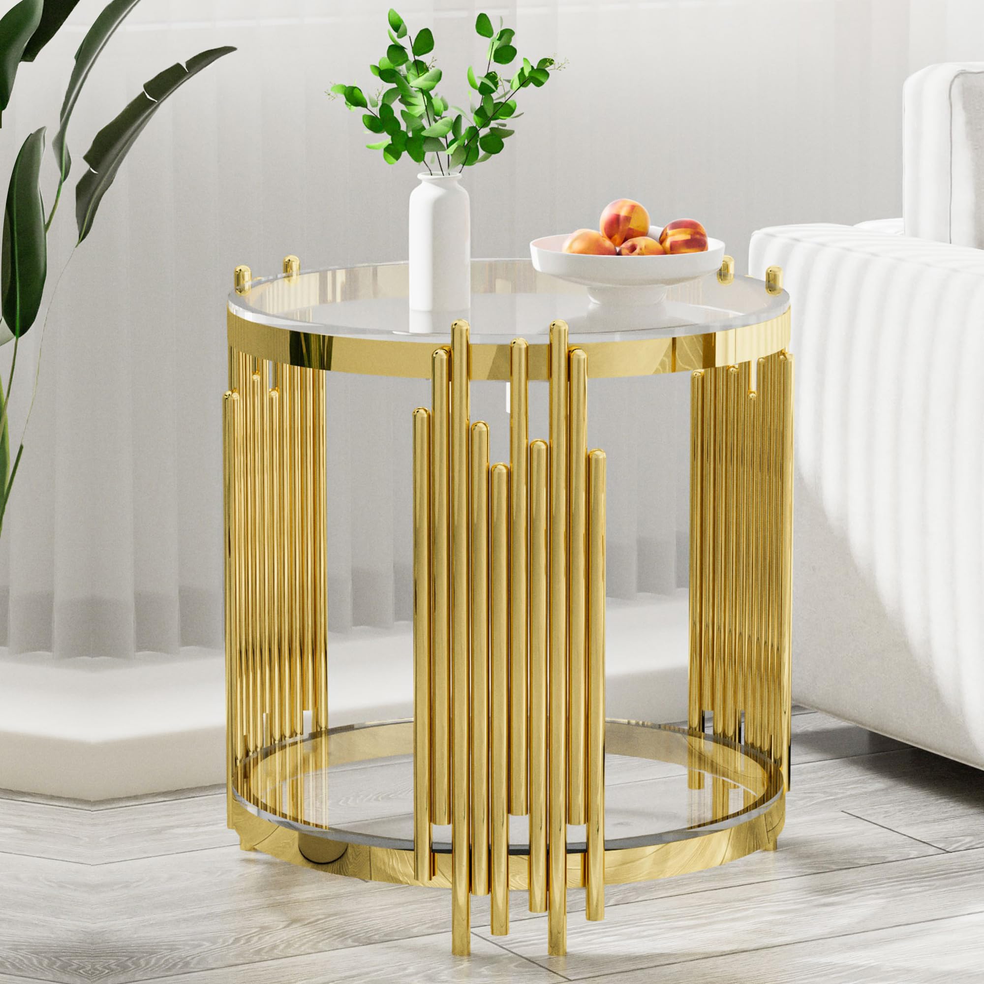 Sybrioka Luxury Gold Round Glass End Table, 19.7" Modern Side Table with Stainless Steel Irregular Leg Clear Tempered Glass Tabletop, Accent Furniture