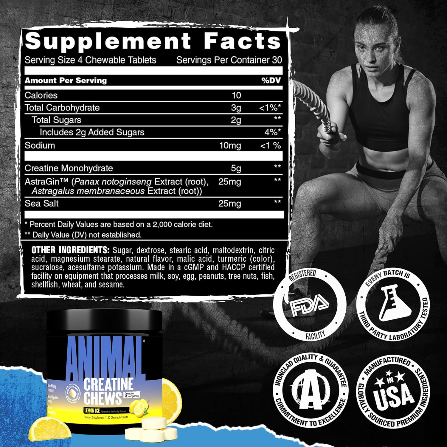 Animal Creatine Chews Tablets - Enhanced Creatine Monohydrate with AstraGin to Improve Absorption, Sea Salt for Added Pumps, Delicious and Convenient Chewable Tablets - Lemon Ice