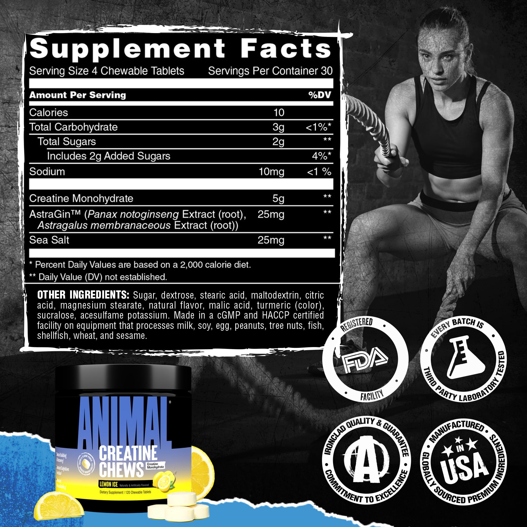 ANIMAL Creatine Performance Chew Tabs Lemon Ice - Kautabletten mit 5 g Kreatin Monohydrat pro Portion & Meersalz für verbesserte Wirkung - 120 Tabletten