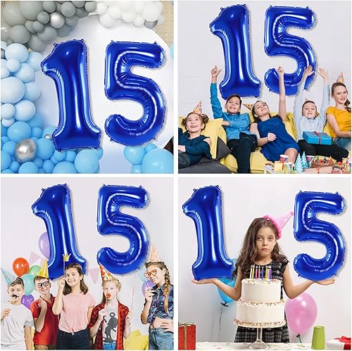 Miniatura 7 de Globos de color azul marino con el número 15 de 40 pulgadas, enormes globos digitales gigantes, globos de helio de números azul oscuro gigantes para