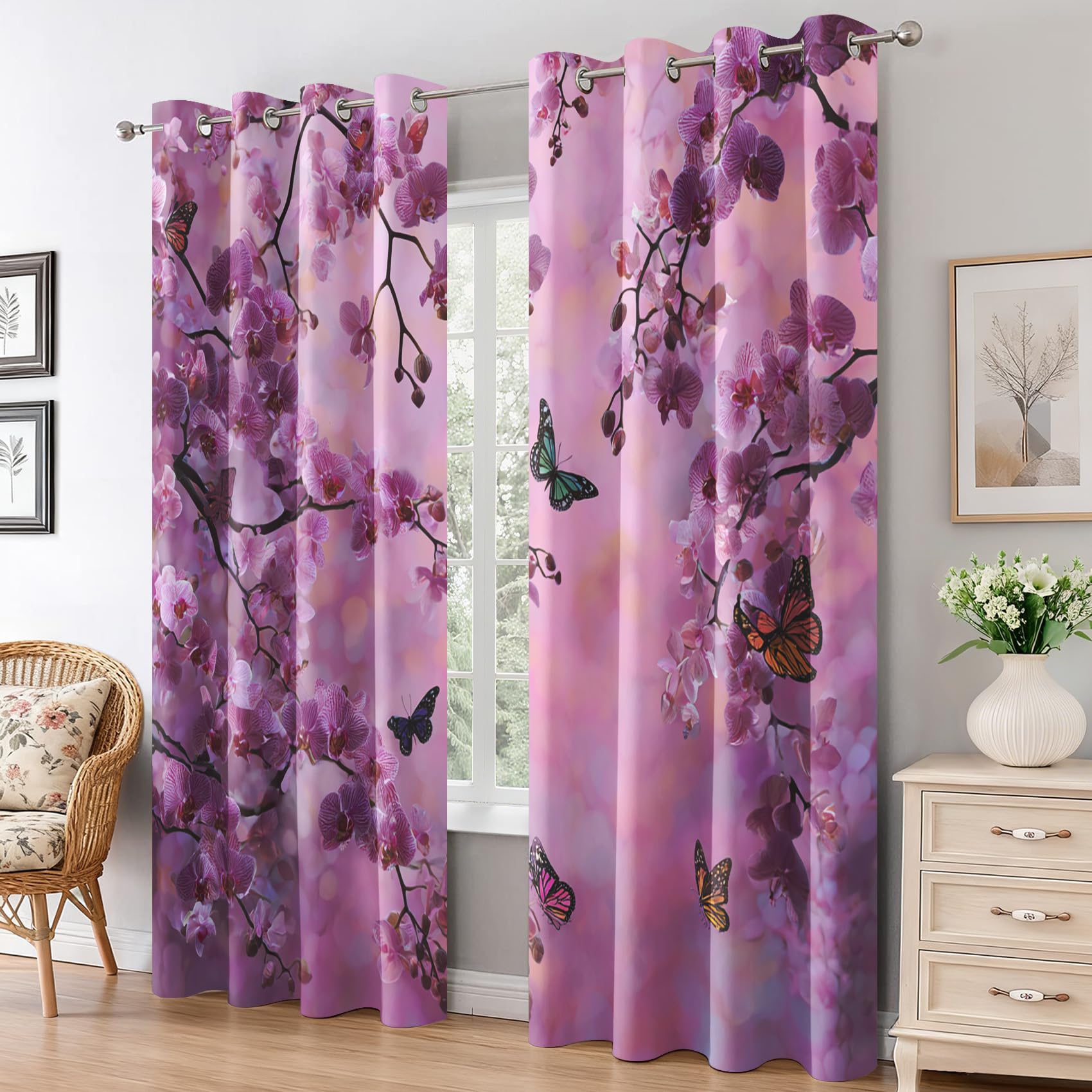 Générique Rideau Occultant Orchidée Violet Salon, Rideaux Thermiques à Oeillets, Papillon Floral Moderne Decoration Chambre Fenetre, Lot de 2 Draperies Intérieurs 110x215 cm (L x H) L-C&45