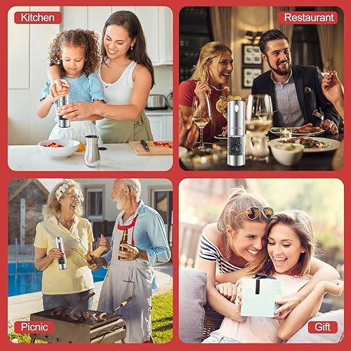 Miniatura 8 de Advanfam Molinillo eléctrico de sal y pimienta de acero inoxidable con luz LED, molinillo de sal y pimienta automático recargable con grosor