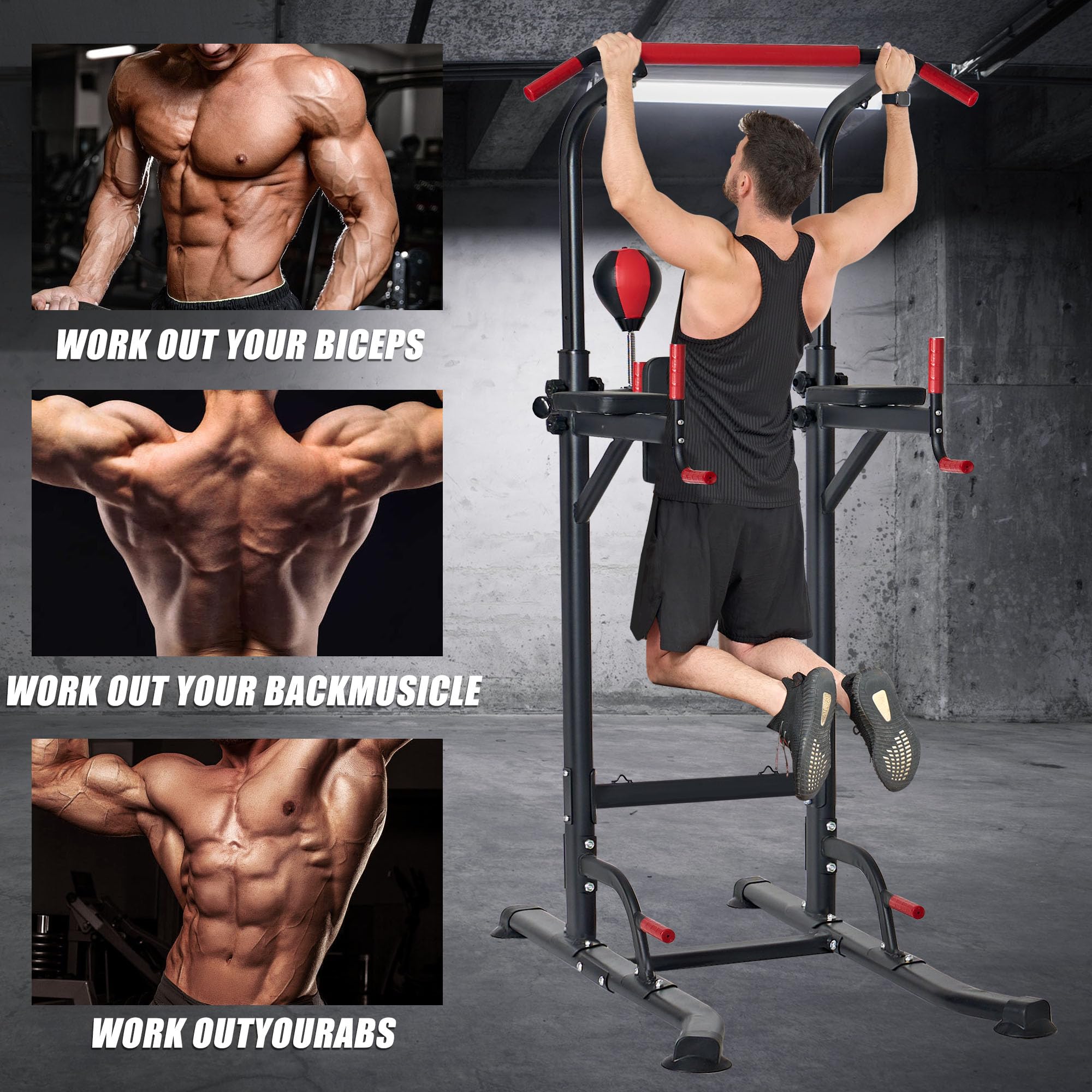 sogesfurniture Power Tower, Dip Station, estación de fuerza multifuncional con barra de dominadas y asas para flexiones, pelota de boxeo, altura regulable de 188 – 230 cm