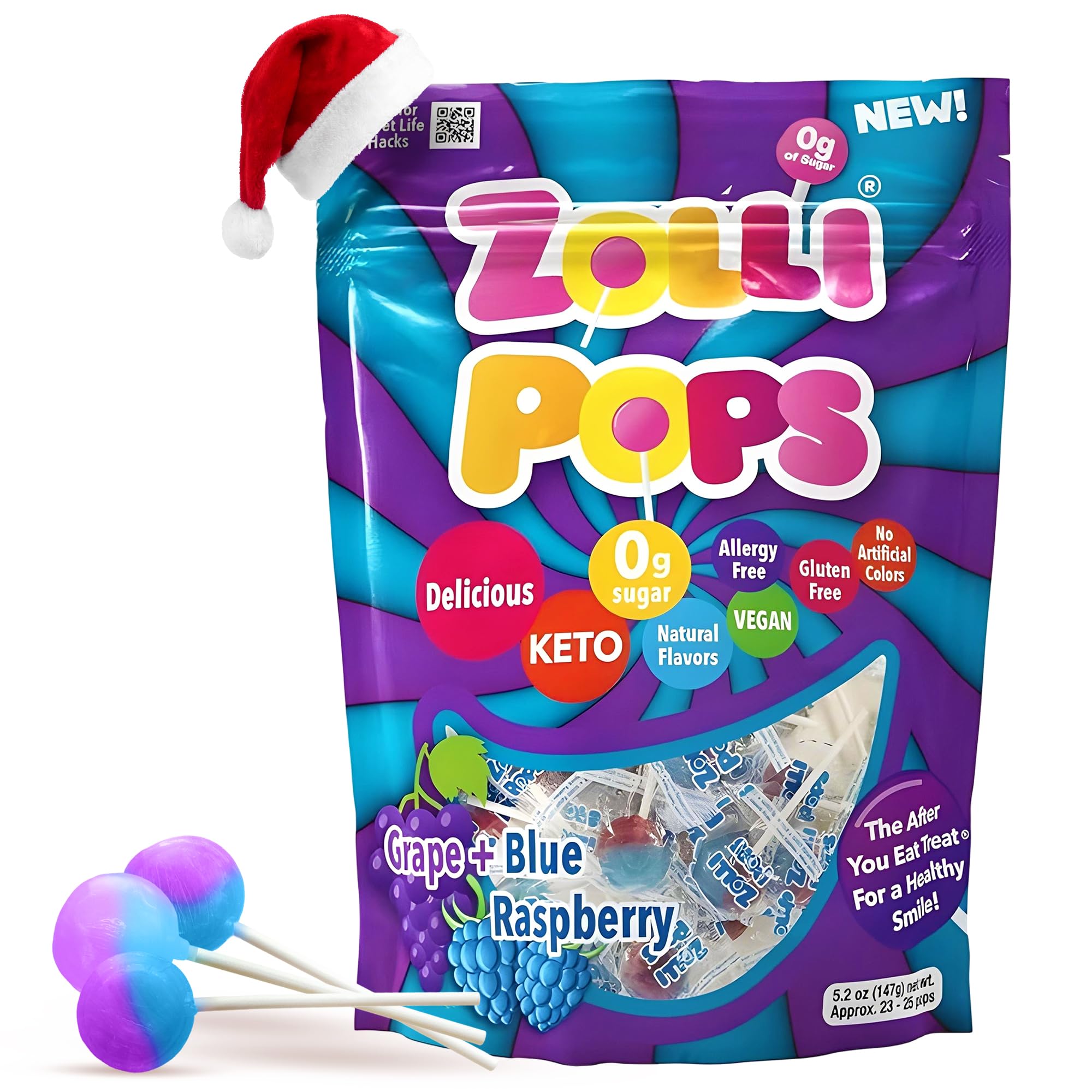 Zollipops Duo Pops Blue Raspberry Grape, Sugar Free, Allergy Free, Vegan, Ketogenic Diet and Diabetics, Natural Sweets for Teeth Cleaning