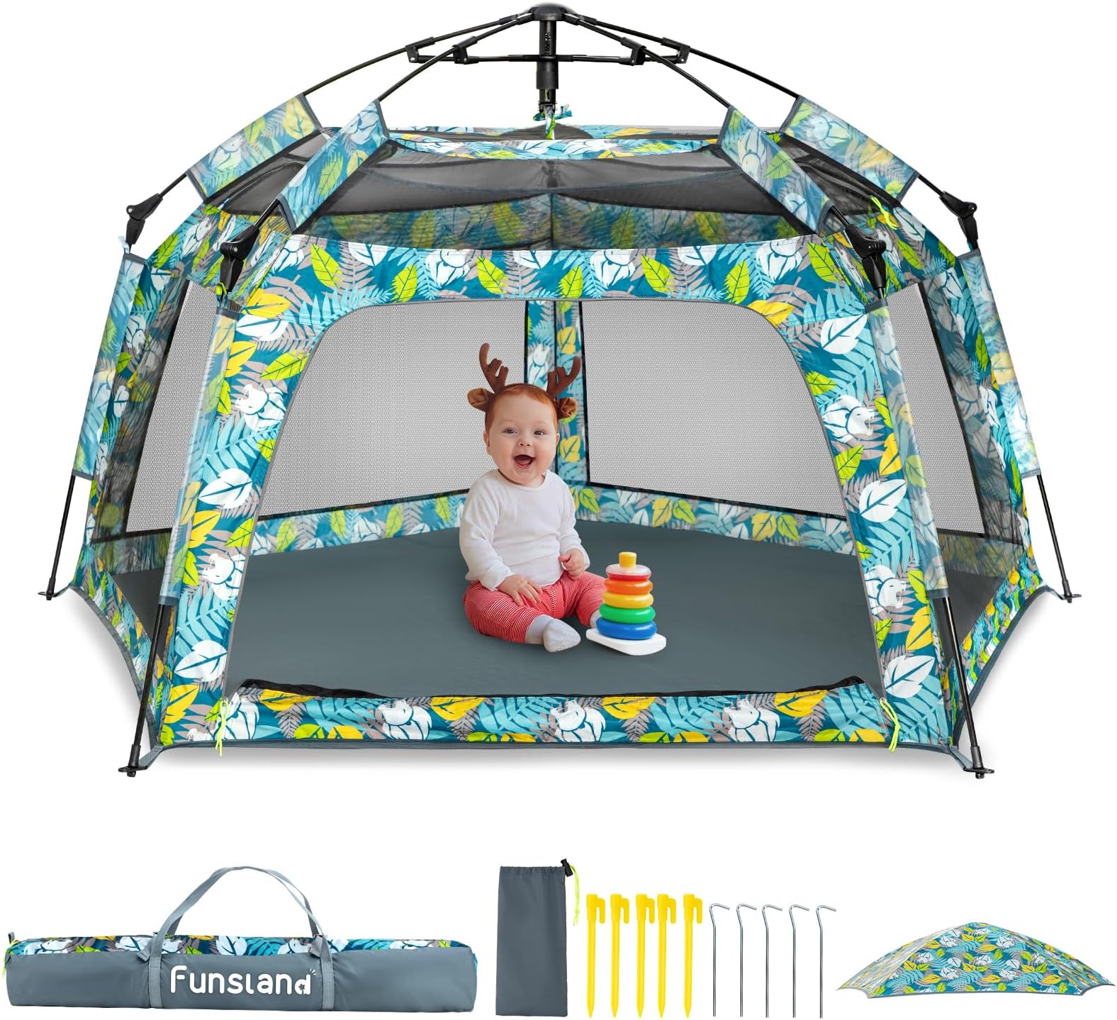 Baby Playpen Pop-up Tent - Outdoor & Indoor Play Tent for Beach with Canopy Travel Bag Portable Play Yard for Babies & Toddlers (Forest)