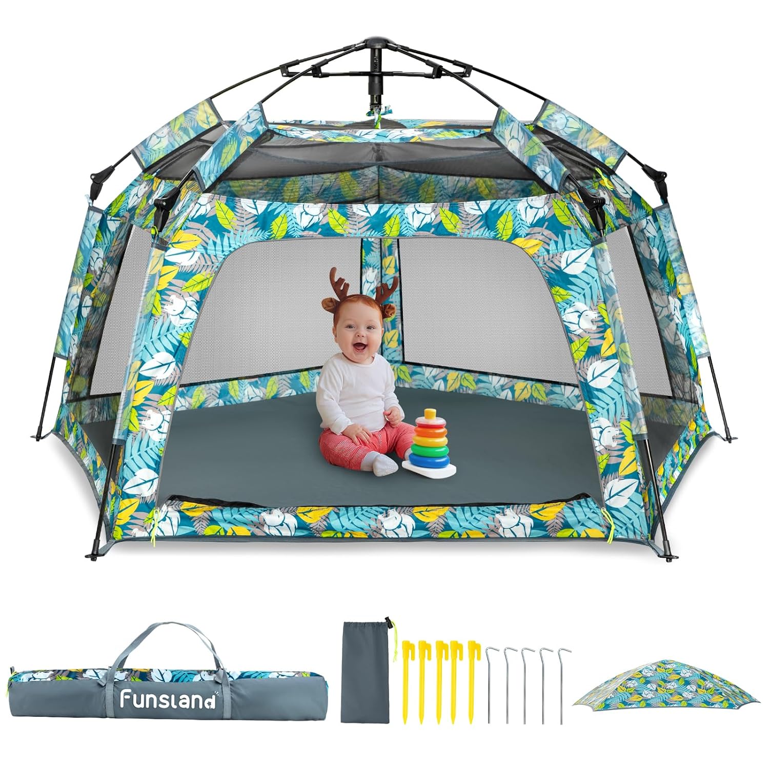 Baby Playpen Pop-up Tent - Outdoor & Indoor Play Tent for Beach with Canopy Travel Bag Portable Play Yard for Babies & Toddlers (Forest)