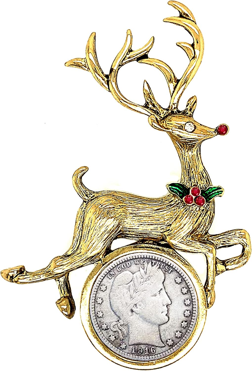 Coin Holiday Reindeer Goldtone Brooch | Barber Dime | Pin Safety Closure | Certificate of Authenticity