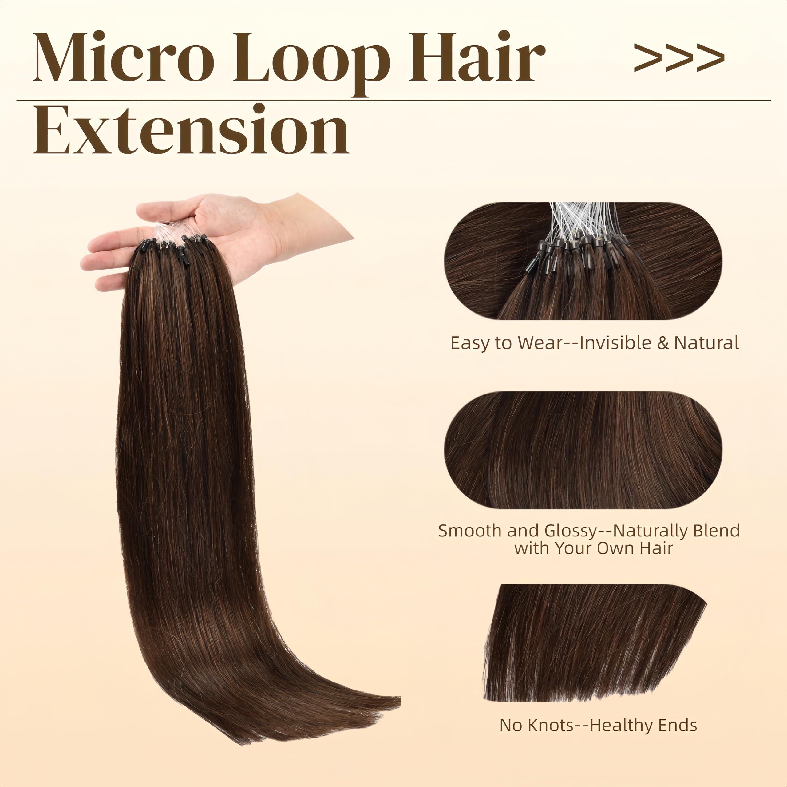 Kun na Micro Loop Hair Extensions Real Human Hair 24 inch Straight Pre-Blonded #2 Dark Brown Cold Fusion Micro Bead Extensions1g/strand 50g/pack - Image 2
