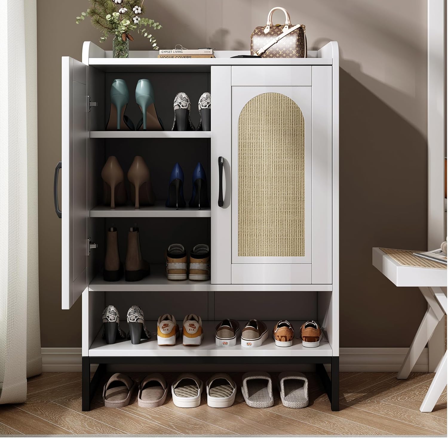 Shoe Storage Cabinet for Entryway with 2 Rattan Doors and Adjustable Shelves, Modern Wooden Shoe Rack Cabinet with Metal Legs, Freestanding Shoe Organizer for Hallway, Living Room (White)
