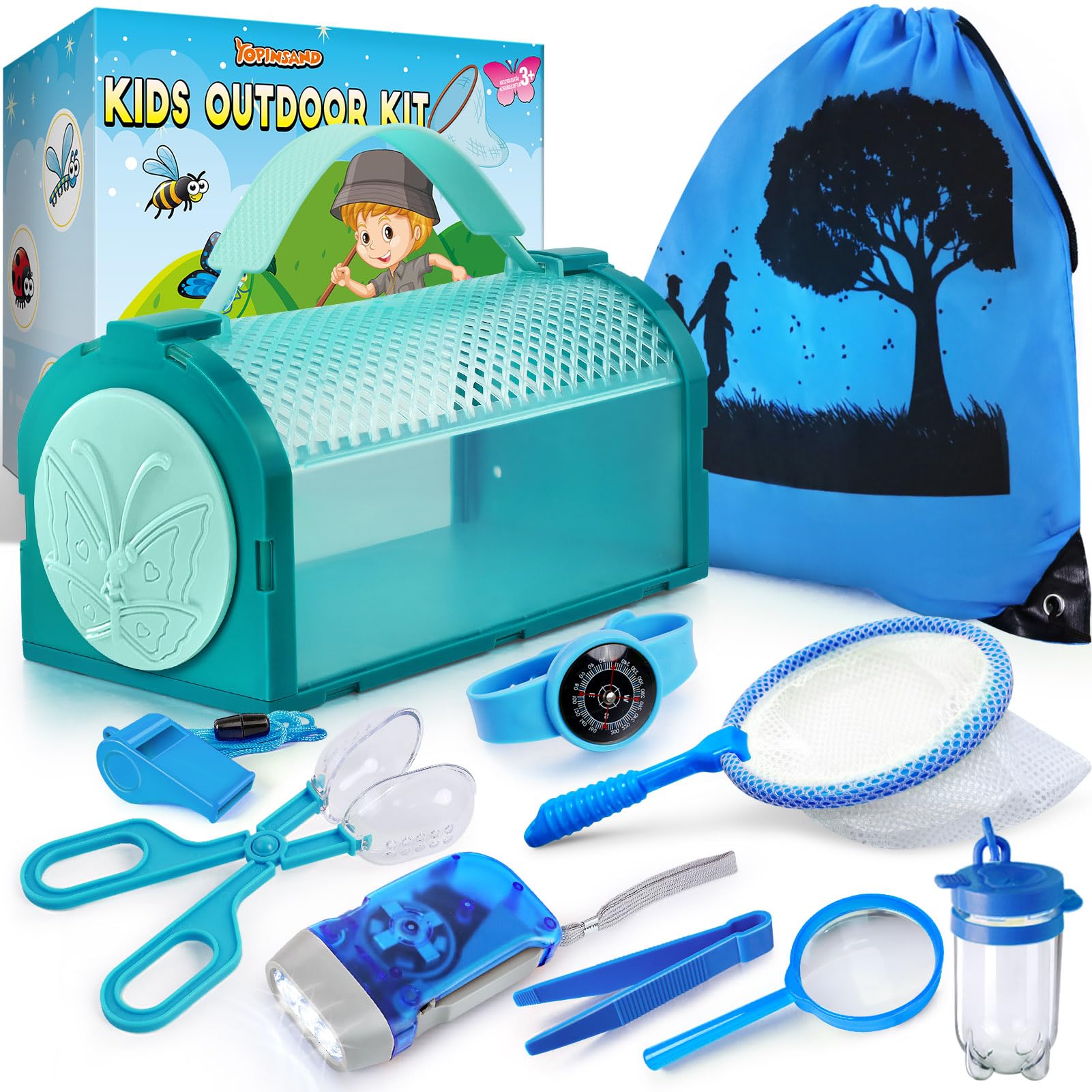 YOPINSAND Bug Catcher Kit & Outdoor Explorer Kit for Kids, 10 Pcs Bug Catching Kit with Toy Cage, Backpack, Flashlight, Manifying Glass, Toy Net,