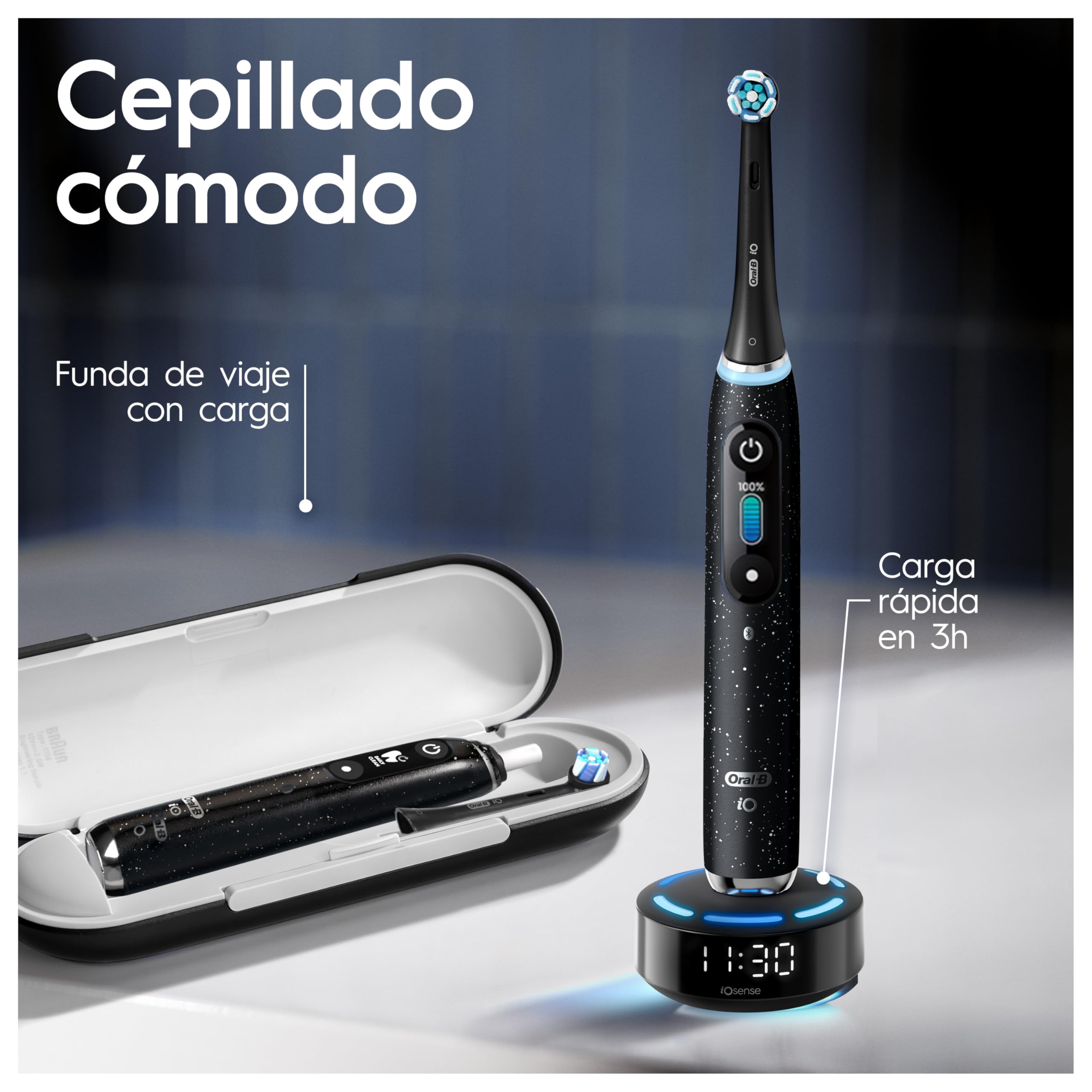Oral-B iO 10 Cepillo de Dientes Eléctrico con 7 Cabezales, Negro | Cepillo Dental con Estuche Cargador de Viaje, 7 Modos de Cepillado con Blanqueamiento Dental, Recambios Ultimate Clean