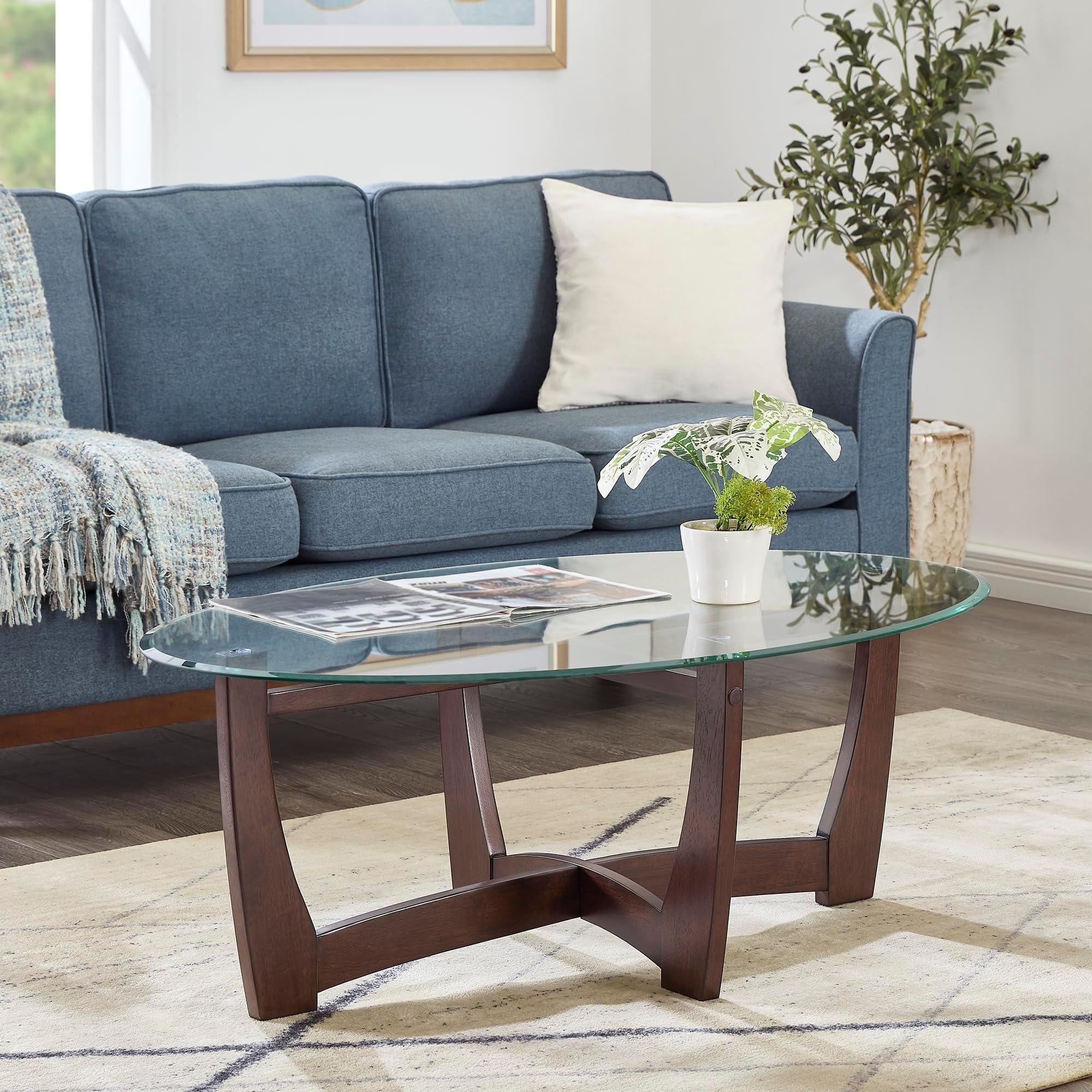 Modern Oval Glass Coffee Table with Cherry Solid Wood Frame, 48'' x 20.5'' Tempered Glass Top, 220 lbs Capacity, Oval Center Table for Living Room Office, Easy Assembly Cocktail Table