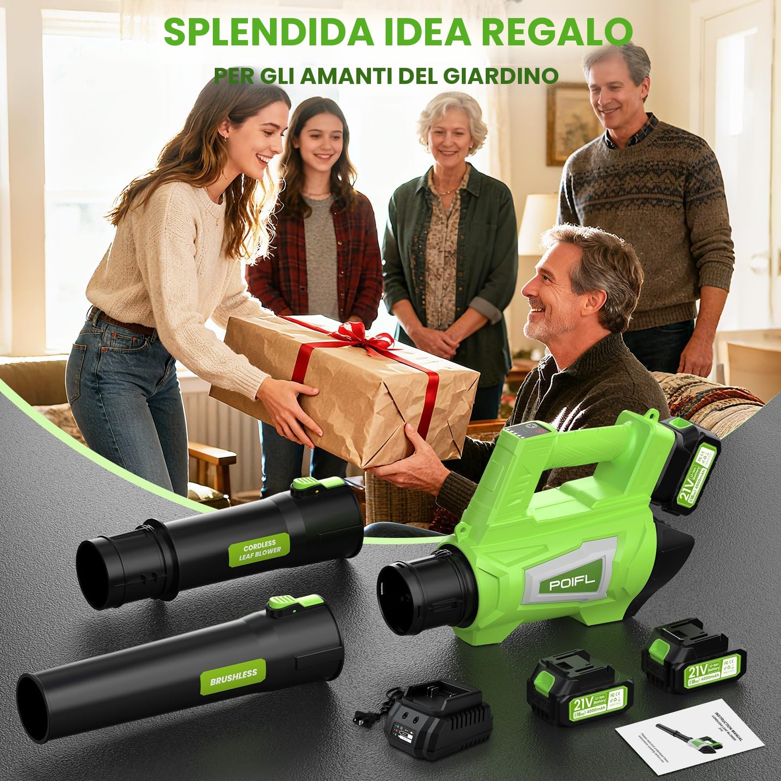 Soffiatore a Batteria, 6 Velocità 240+ km/h Soffiatore Elettrico 2 Batteria 21V 4.0Ah, 1,6m Cinghia Regolabile & Caricabatterie Rapido,Soffiatore Foglie da Giardino per Foglie Cadute