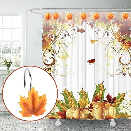 Miniatura 4 de Ganchos para cortina de ducha con hojas de arce, 12 anillos decorativos antioxidantes para cortina de ducha de Acción de Gracias de otoño para baño,
