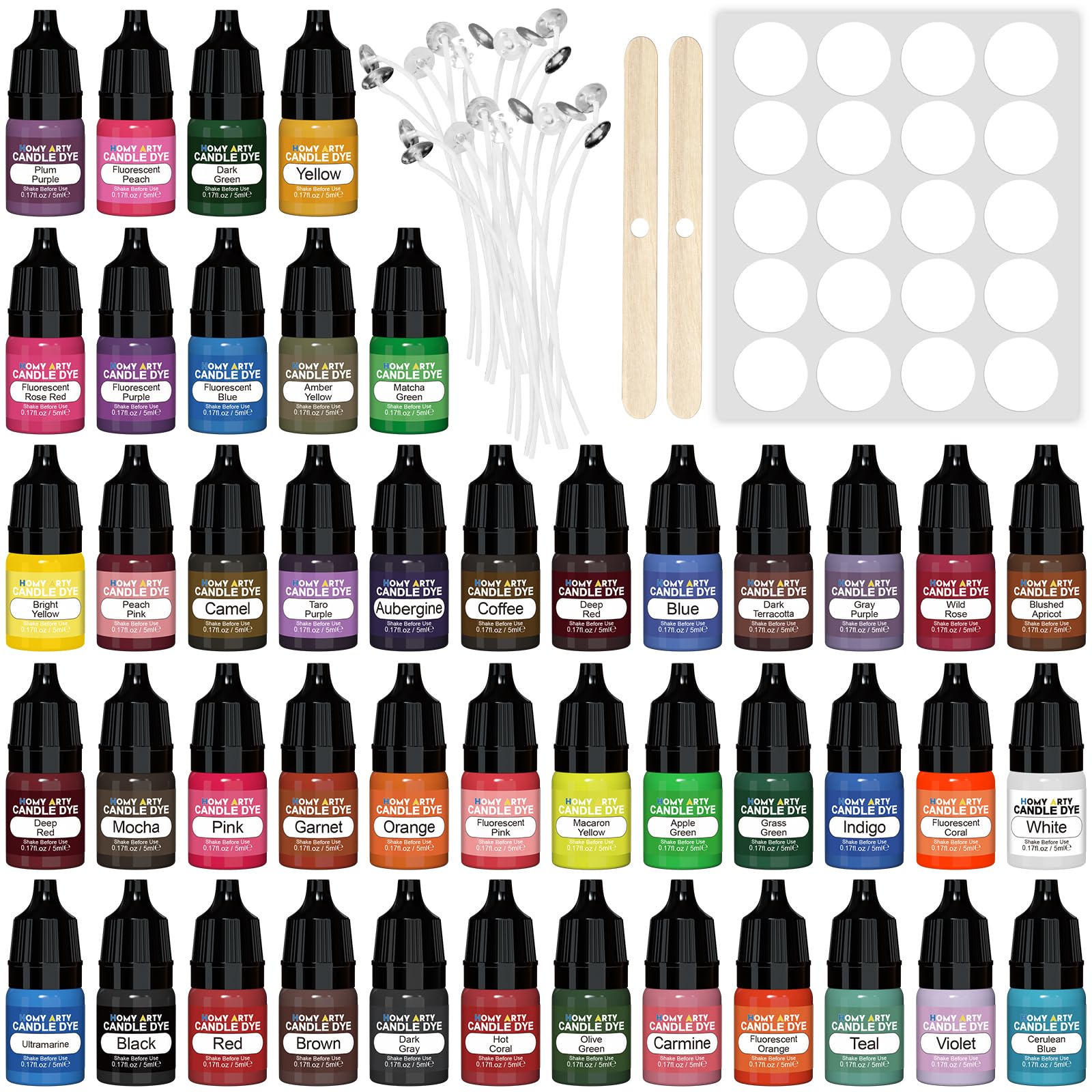 HOMY ARTY Candle Dye - 45 Colours Liquid Candle Dye for Wax, Vivid Oil-Based Candle Colour Dye for Candle Making, Highly Concentrated Natural Candle Wax Dye, Each 5 ml