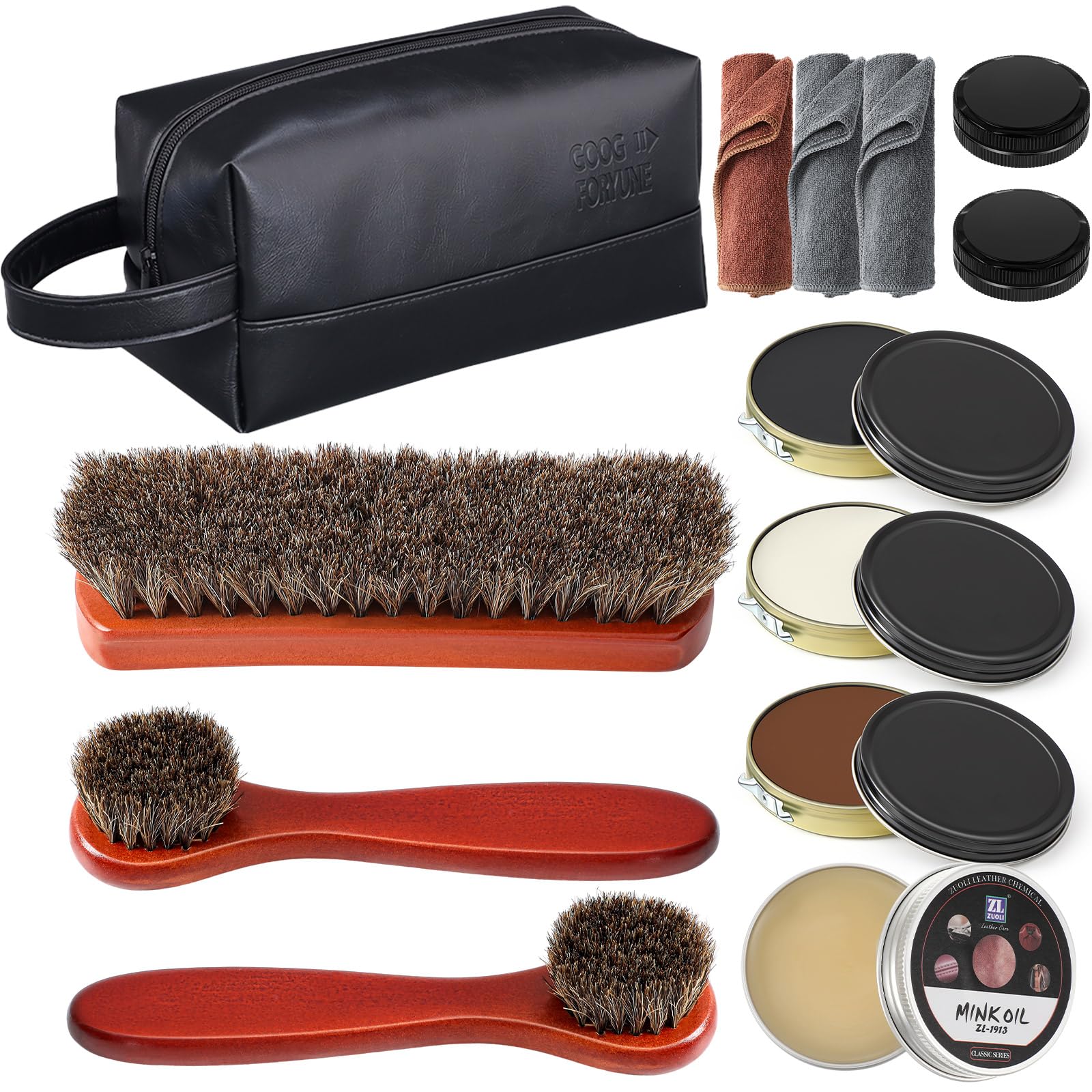 Kit de 13 esmaltes de zapatos para hombre, kit de brillo de zapatos negros, kit de cuidado de botas de cuero para limpieza con bolsa de almacenamiento de poliuretano