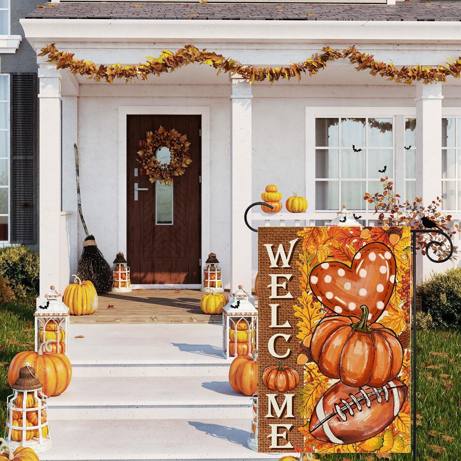Fall Welcome Pumpkins Football Love Heart Maple Leaves Autumn Garden Flag Yard Flag 12x18 Inch Double Sided Small Mini Yard Outdoor Outside Farmhouse Holiday Decoration - Image 2