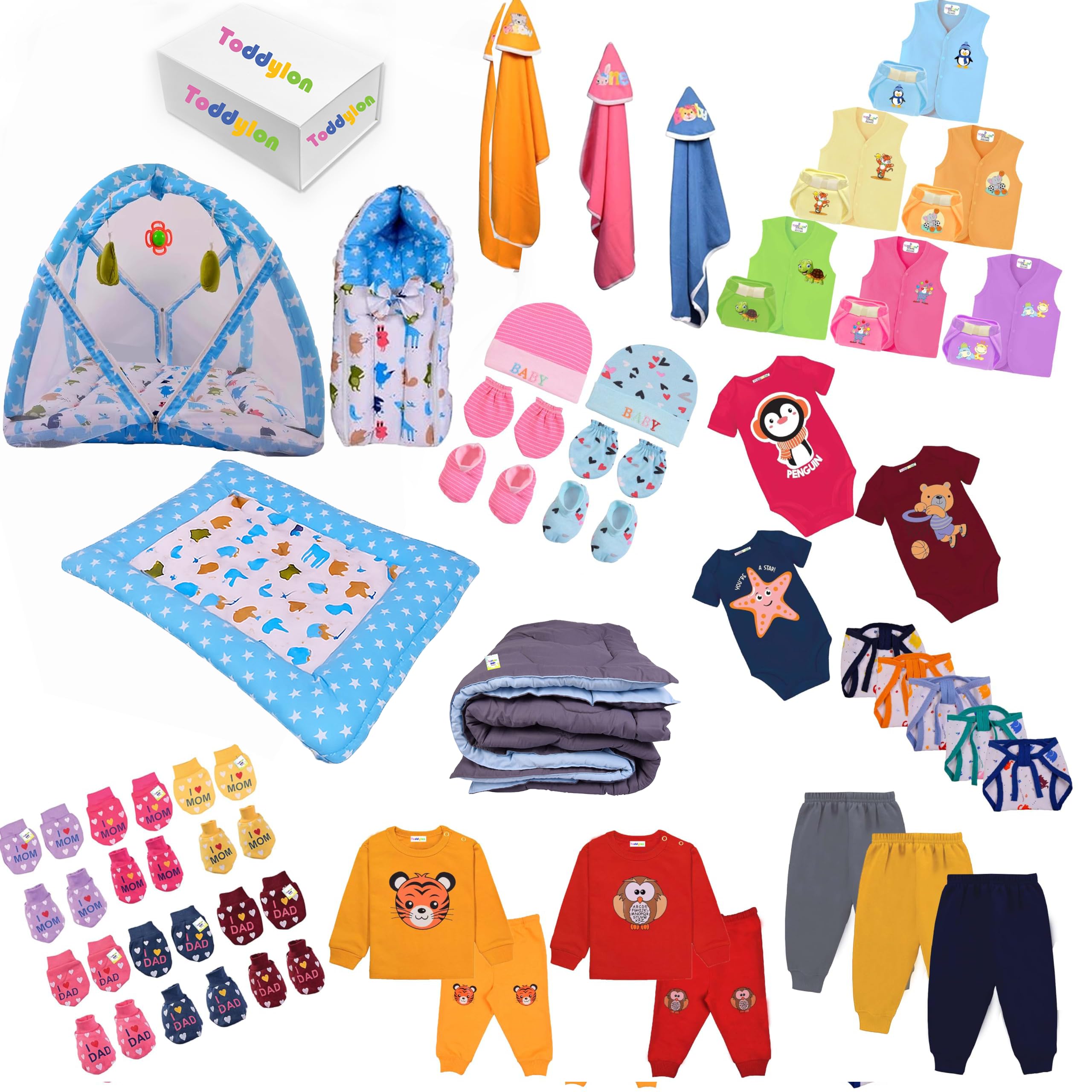Toddylon 56 in 1 New Born Baby Products All Gift Packs Cotton Essential Items Combo for Baby | Bedding | Clothing | Baby Shower | Maternity Kit (0-6 Months) Blue-image-30