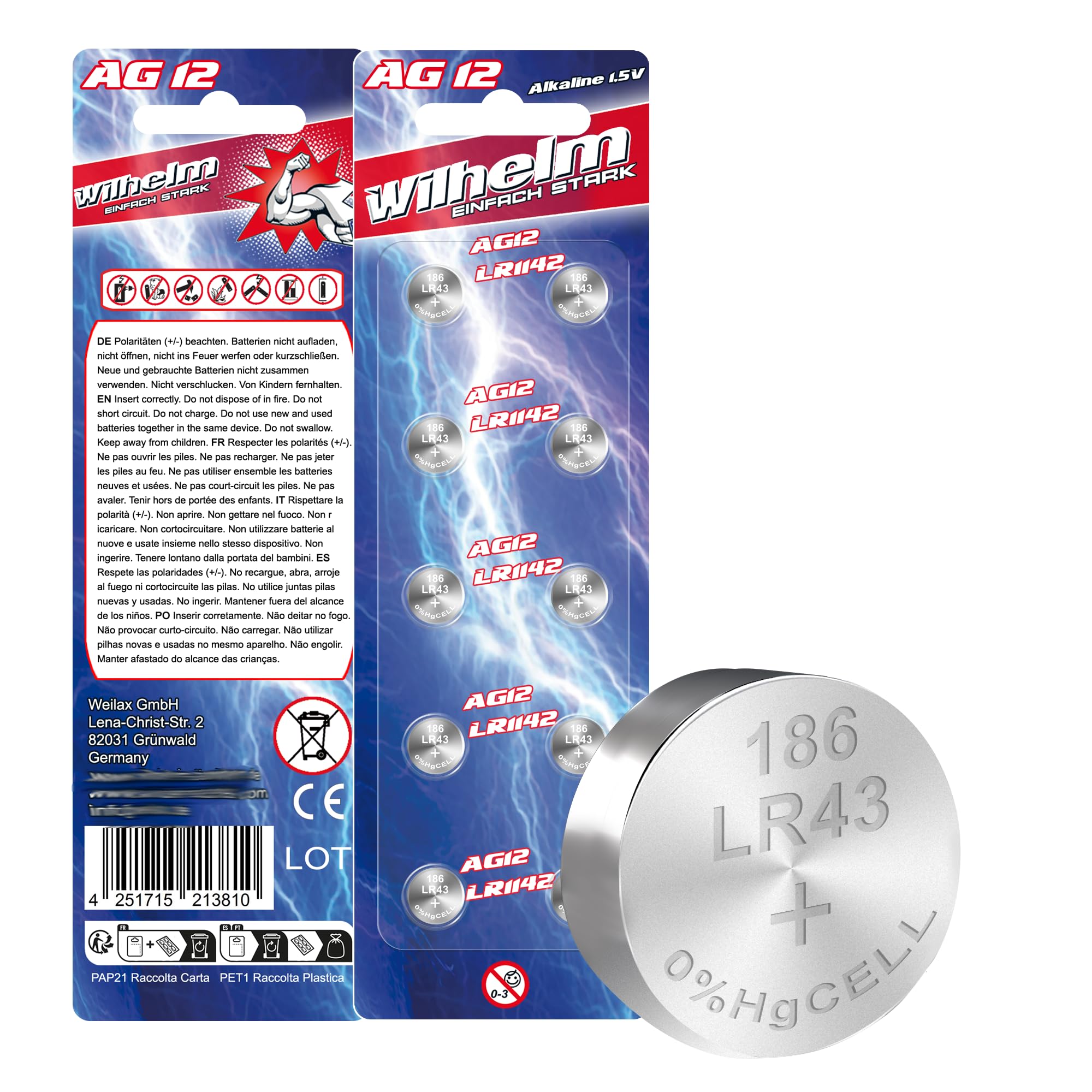 10x Wilhelm AG12 / LR43 Knopfzellen – 1,5 V Alkaline, 90 MAh, Für Uhren, Waagen, Spielzeug & Mehr, Im Blister