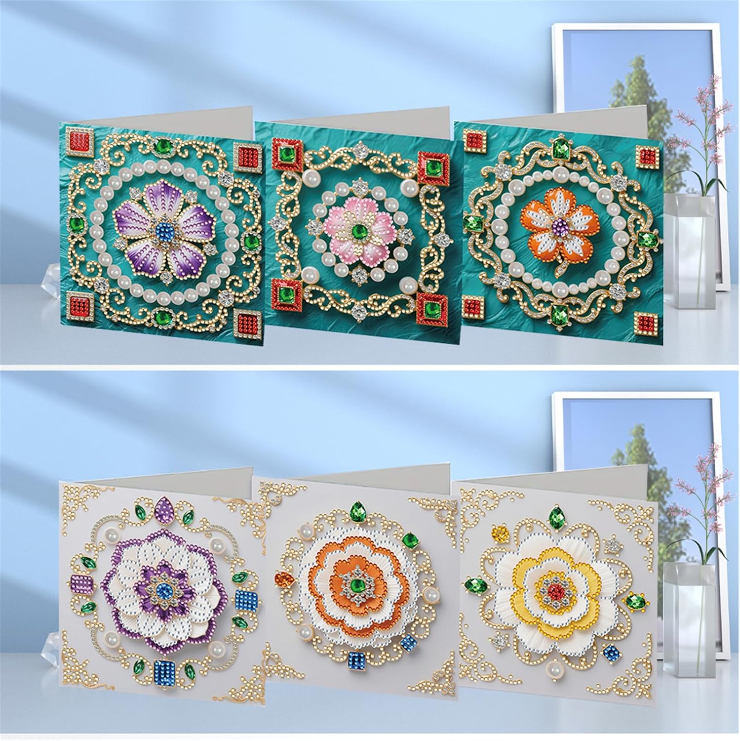 jinglinhh 6pcs Diamond Art Painting Floral Pearl Flowers Greeting Cards with Envelopes, DIY Card Making Kits for Adults, Diamond Art Postcards Christmas Cards Craft Gifts image 4