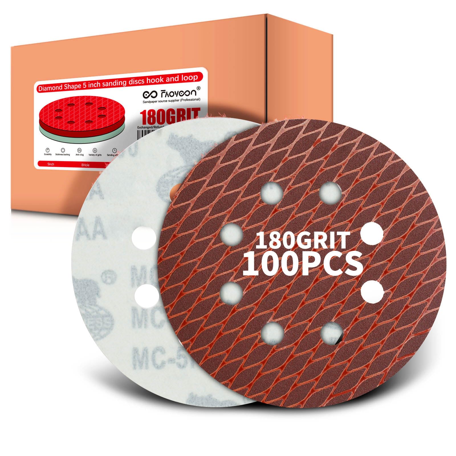 Faoyoon 180 grit Sanding Disc 5 Inch 8 Hole Hook and Loop, Diamond Shape Sand Paper for Woodworking & Automotive etc, Sanding Pads for Random Orbital