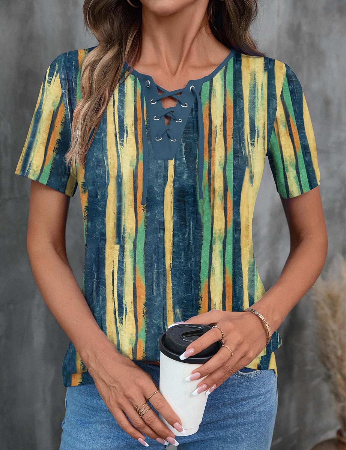 LOMON Womens Criss Cross Short Sleeve T-Shirts V-Neck Floral Summer Blouse Tops - Image 4