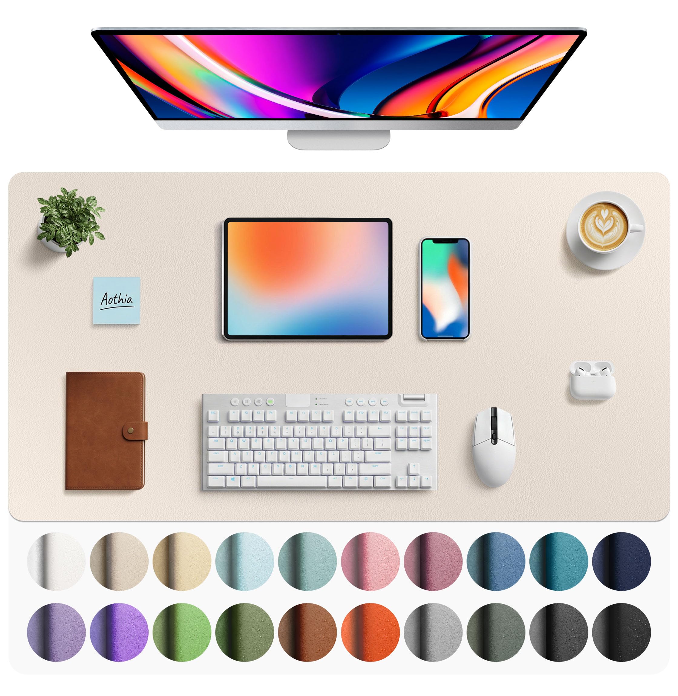 Aothia Faux Leather Desk Mat - Large Mouse Pad, Non-Slip PU Leather Blotter, Waterproof Writing Surface for Office and Home (Eggshell, 40" x 24")
