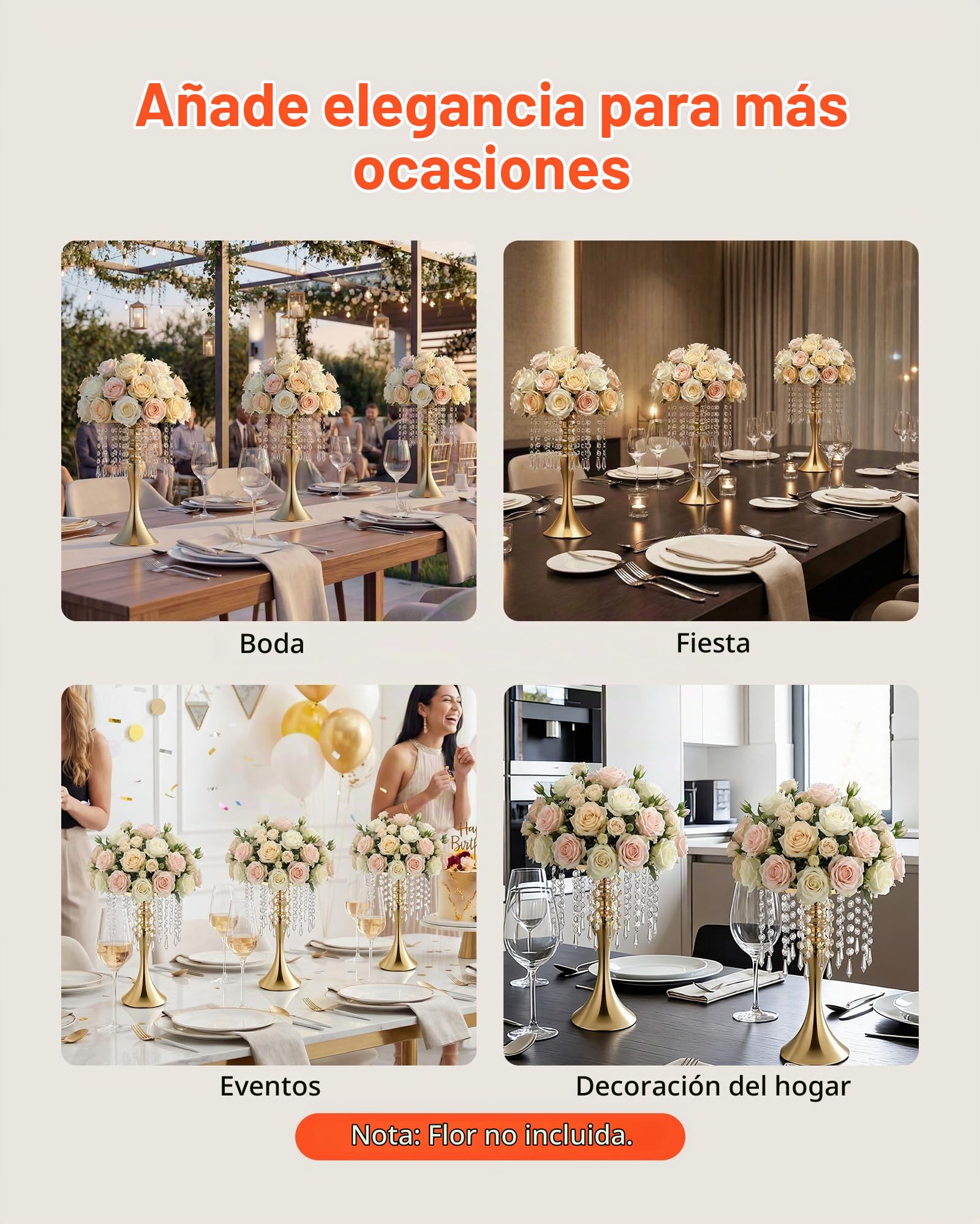VEVOR Jarrones Decorativos, Paquete de 20 Piezas, Floreros de Metal Dorados con Cadena de Cristal, Altura de 33,5 cm, Centro de Mesa para Boda, Decoración para Banquete Ceremonia Fiesta Recepción