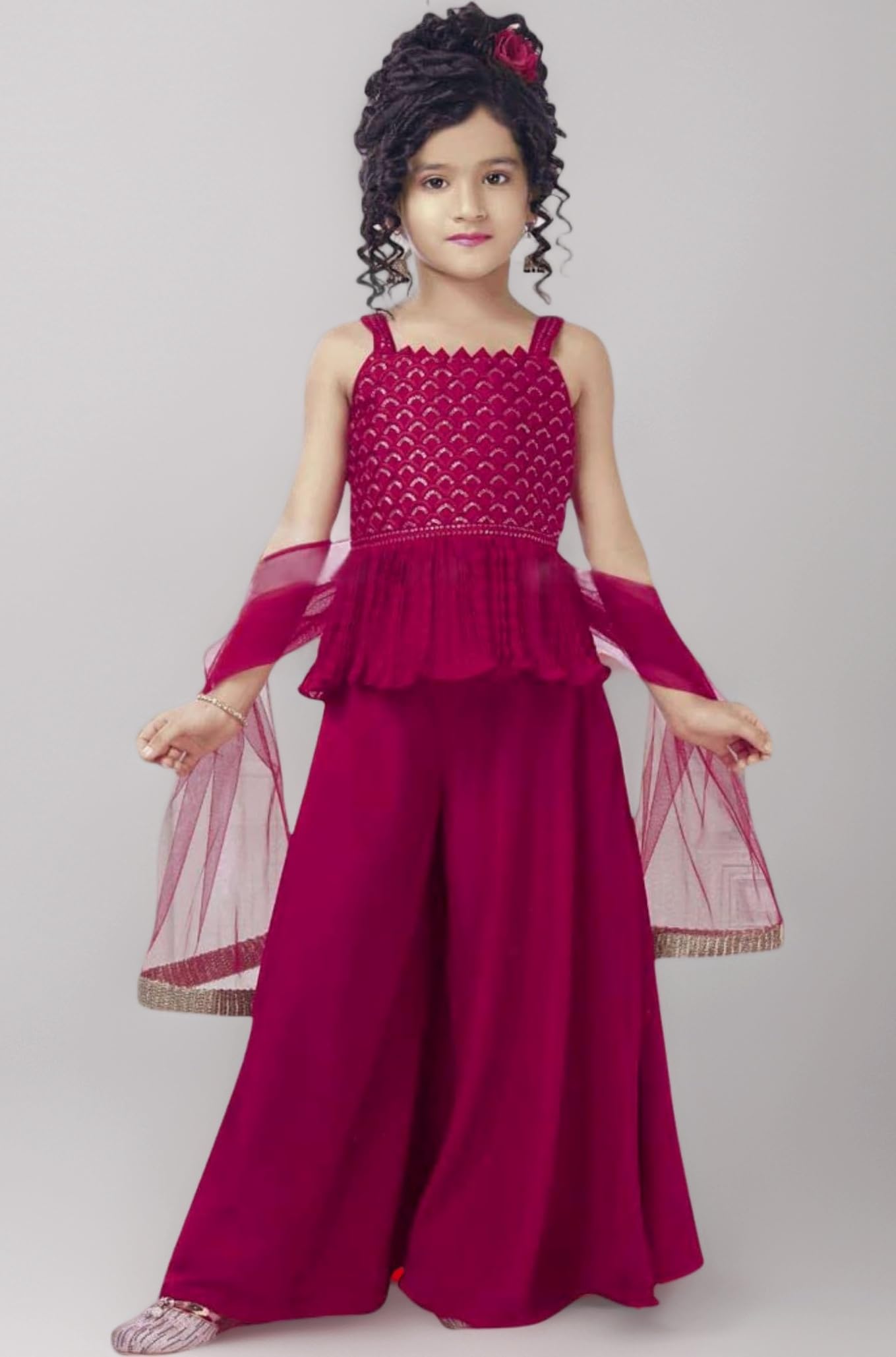 Angel f Studio Girl's Embroidered Kurta with Palazzo Pants & Dupatta/Readymade kurta set for girls