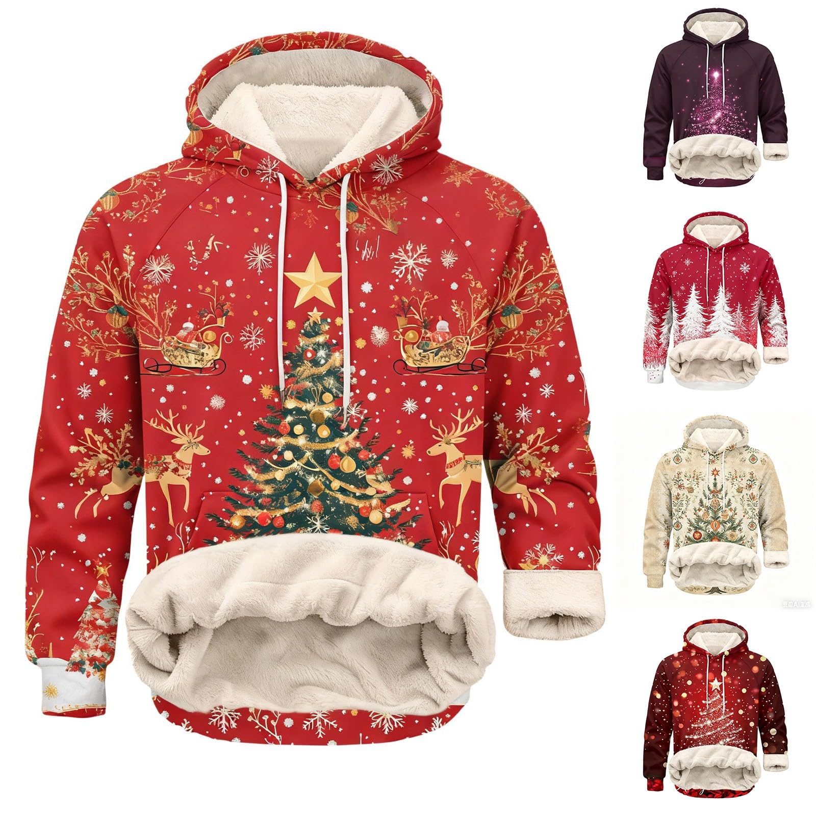 Sudaderas con capucha de Navidad forradas de forro polar para hombre divertido brillante árbol de Navidad sudadera oversize de manga larga suéter cálido sherpa tops novedad trajes navideños ropa de