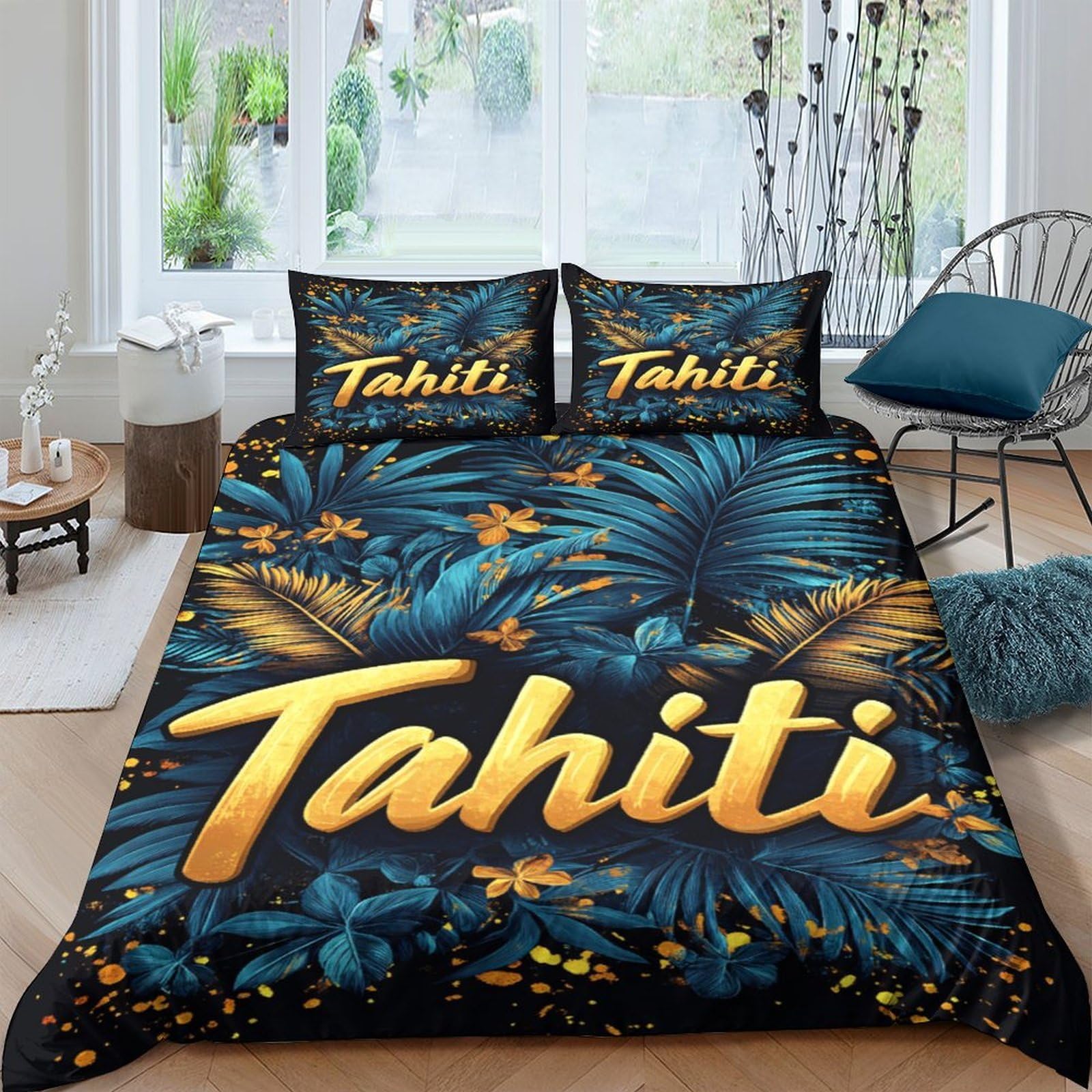 Ctjqhvkz Style-8 3D Printed Tropical Leaf Fitted Sheet Microfiber Soft Blue Gold Botanical Mattress Cover For Bedroom Dorm Decor Single（135X200cm）