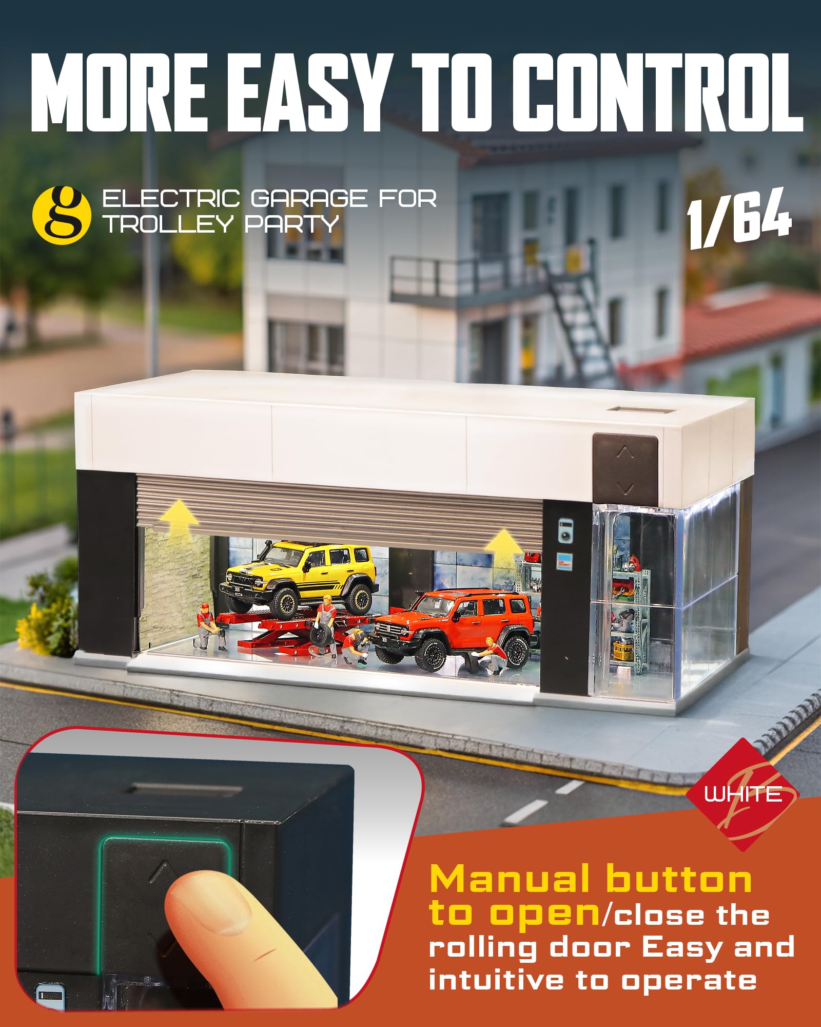 1/64 Maßstab Druckguss-Vitrine für Hot Wheel-Aufbewahrung mit LED-Lichtern, stapelbare elektrische Garage mit Sprachsteuerung, 3 austauschbare 3D-Szenen-Parkplatz-Diorama für Modellautos